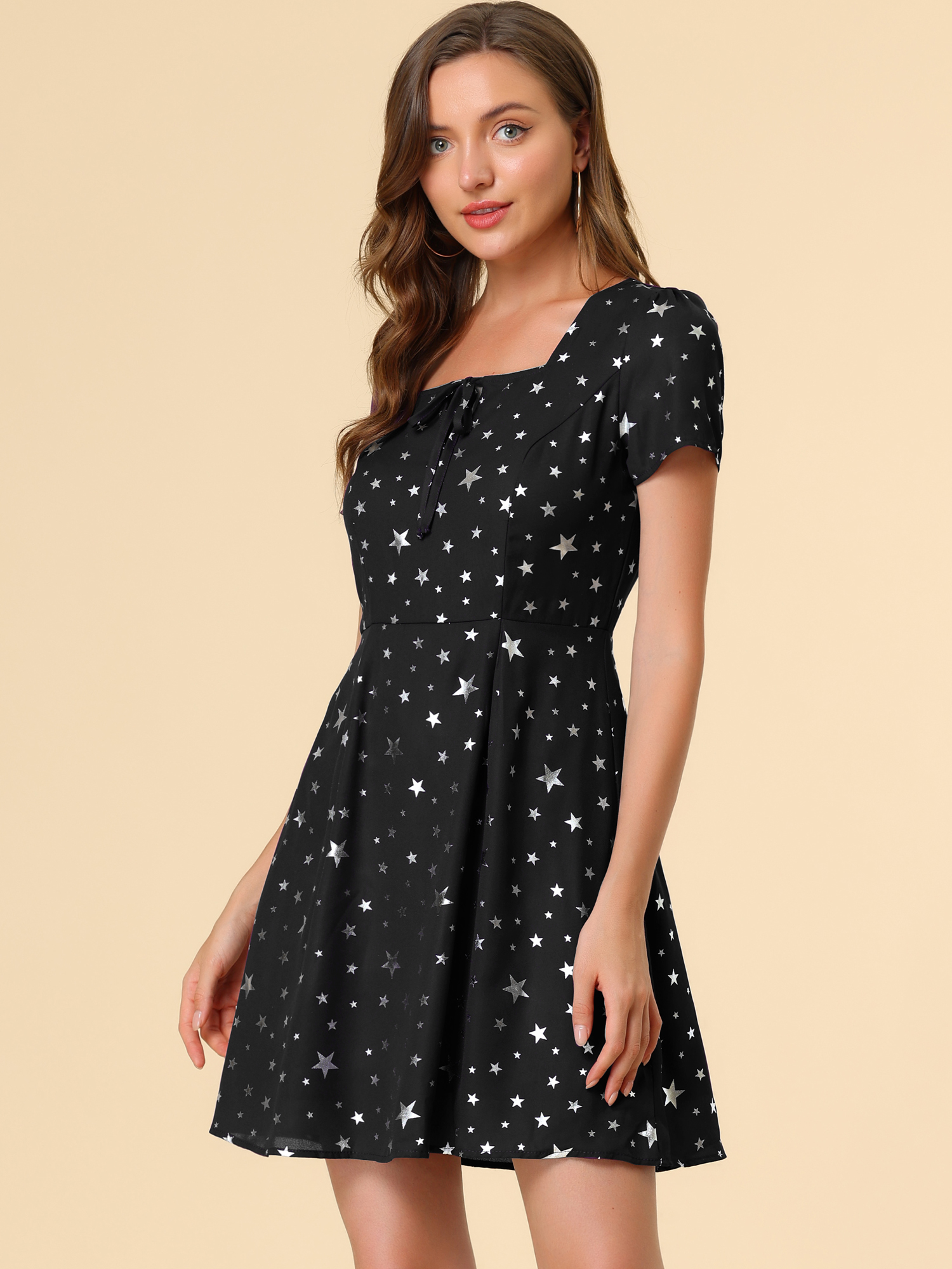 Printed Casual Square Neck Short Sleeve Fit and Flare Dress Black-Stars/S