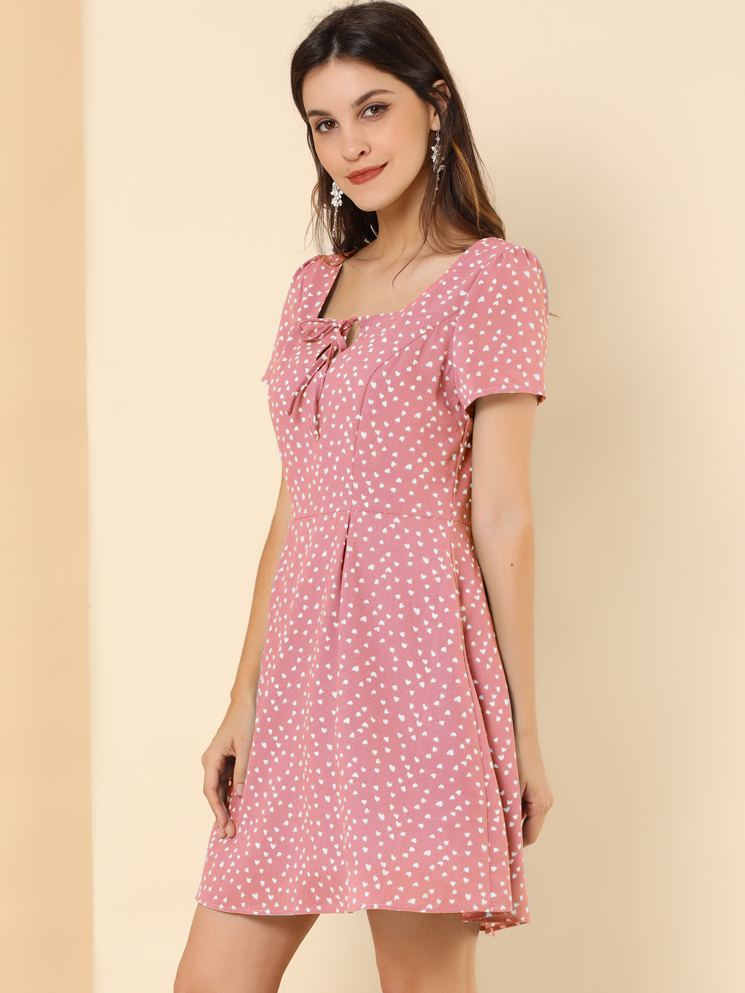 Printed Casual Square Neck Short Sleeve Fit and Flare Dress Pink-Heart/S