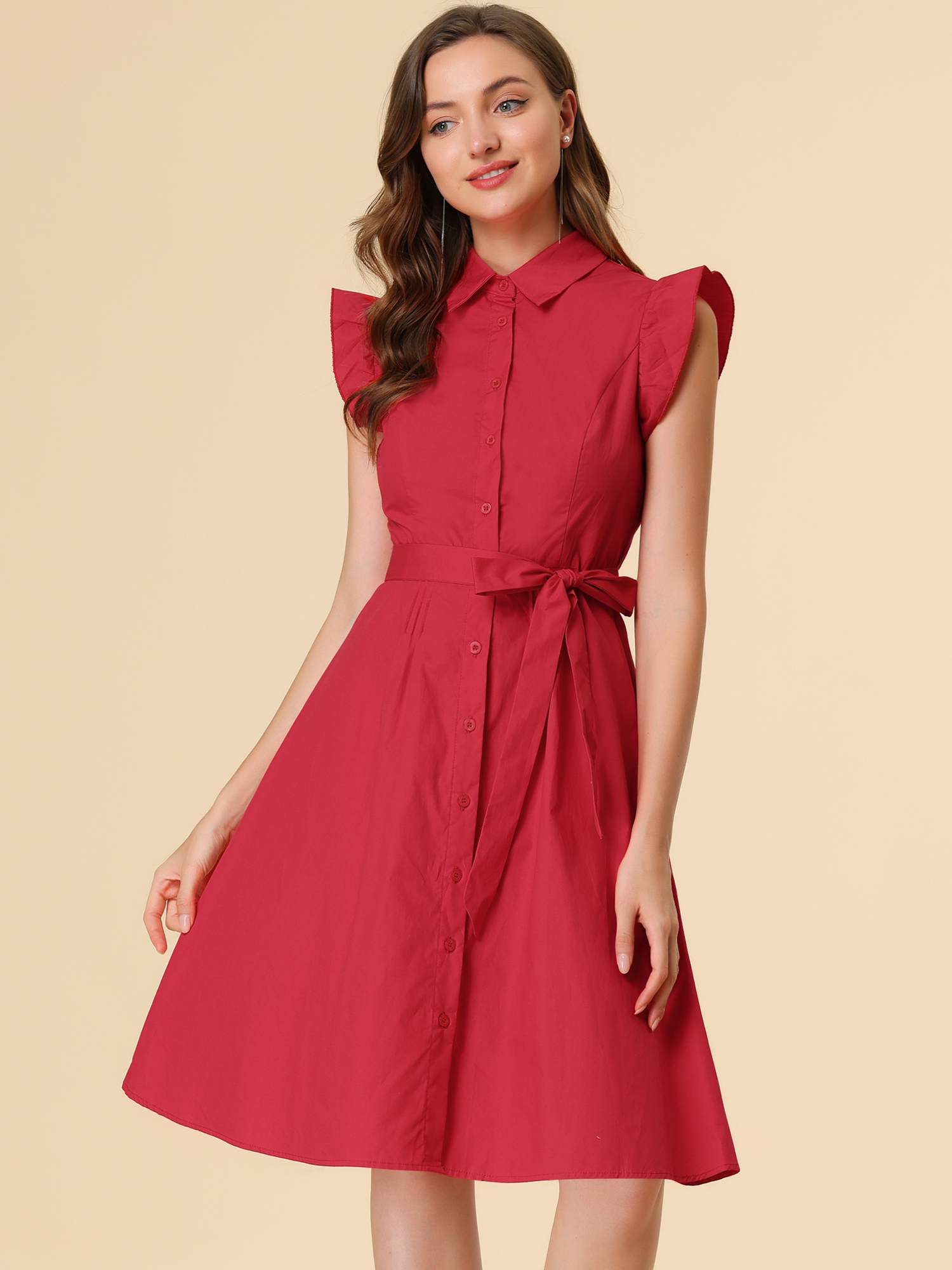 Office Ruffled Sleeve Belted Cotton Button Midi Shirt Dress Red/M