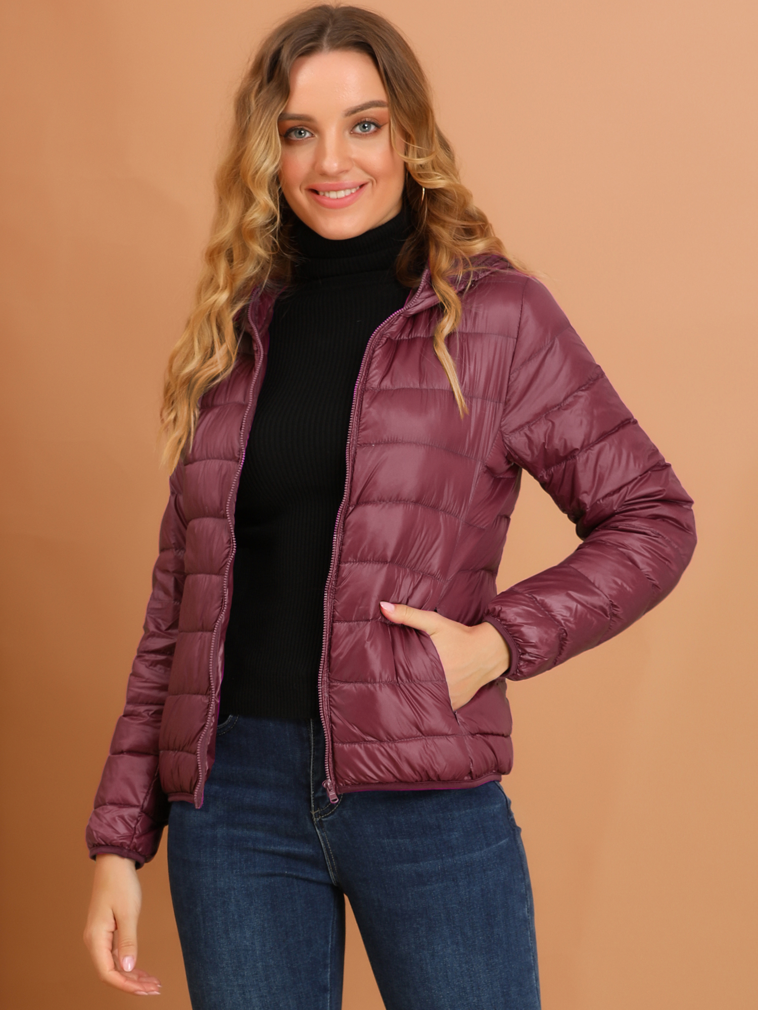 Allegra – Hooded Packable Long Sleeve Zip Up Down Winter Lightweight Jacket Burgundy/L