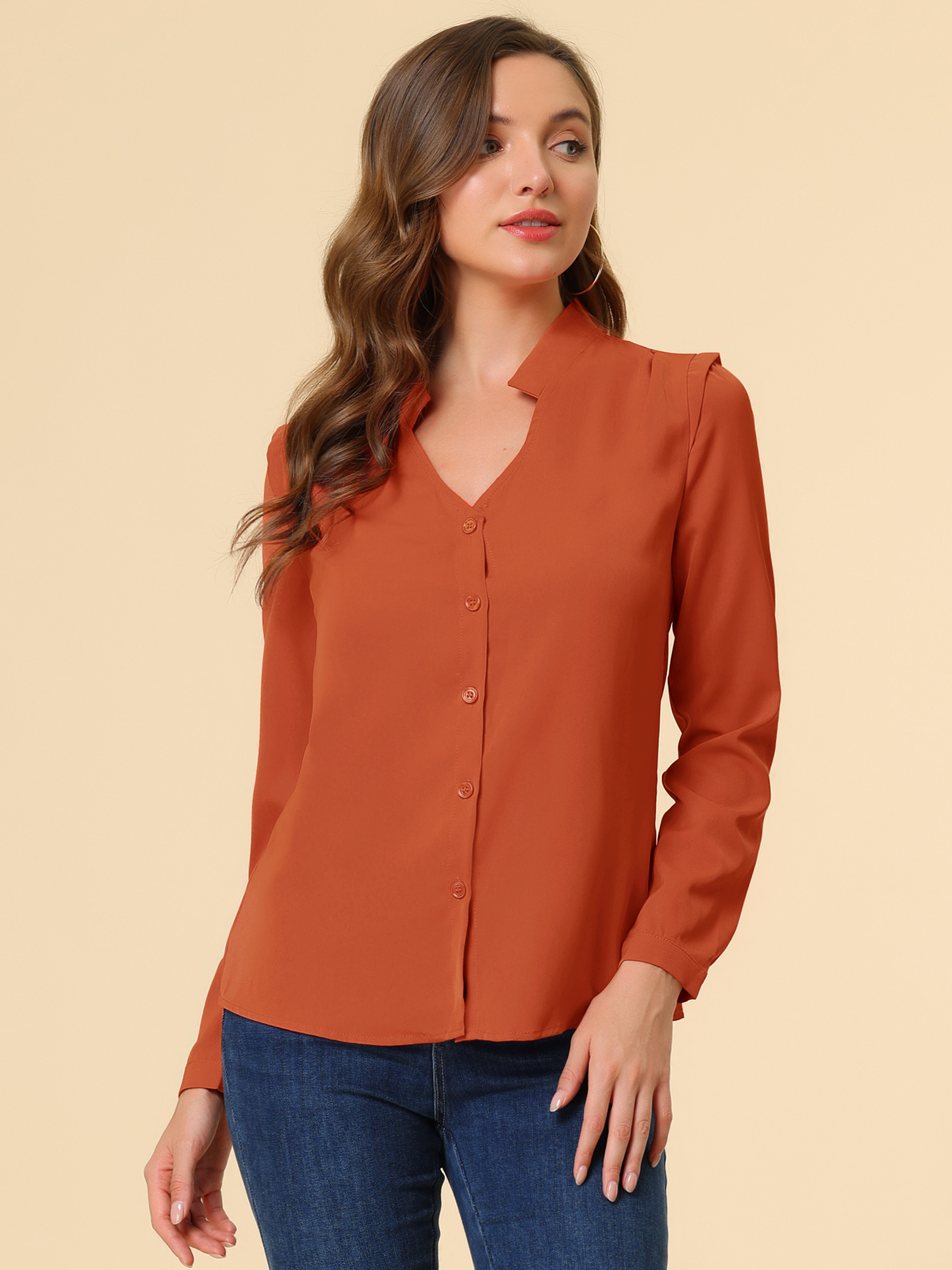 Work Office Blouse Button Up Long Sleeve V Neck Chiffon Shirt Orange Brown/M