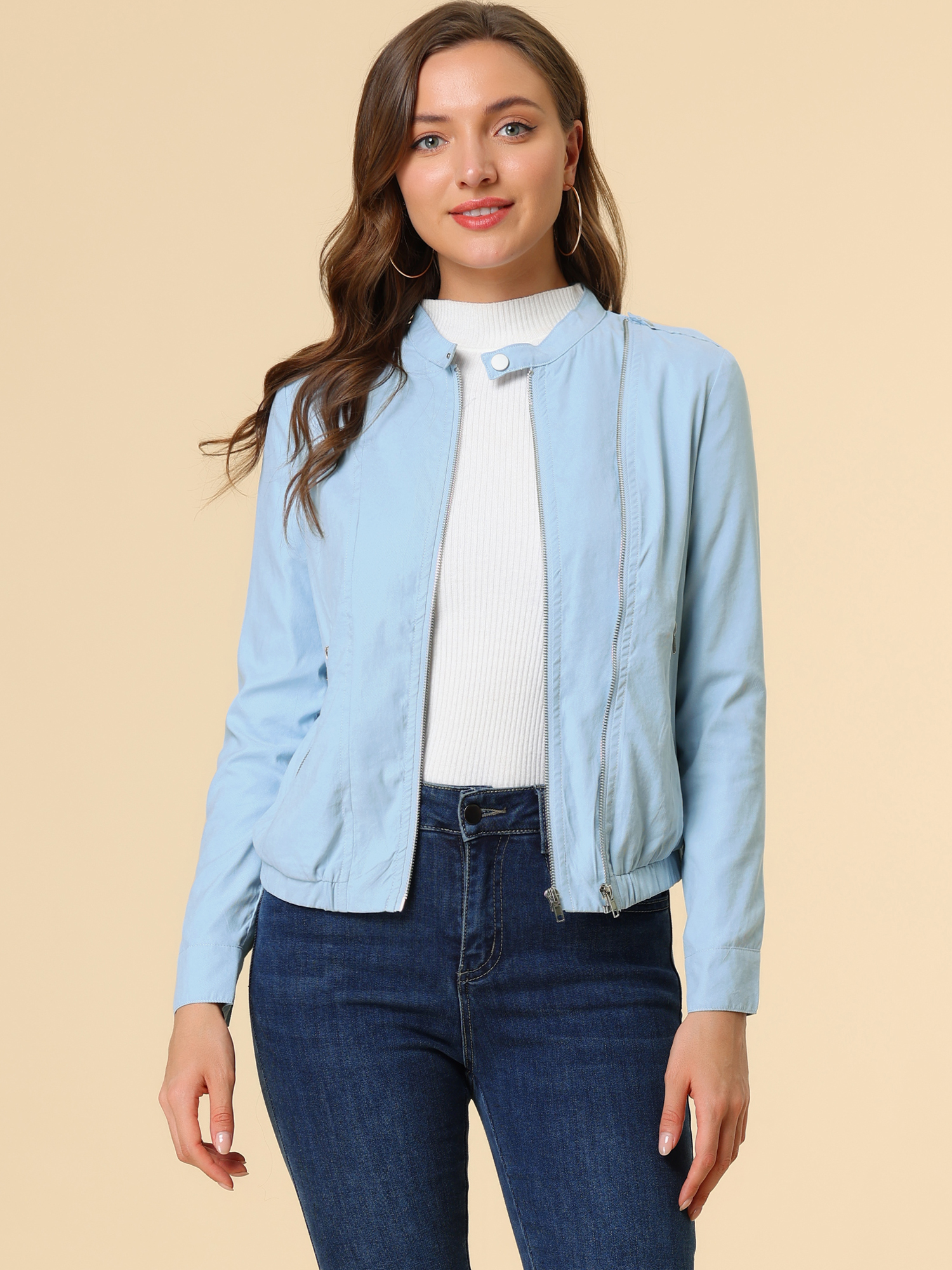 Casual Stand Collar Pocket Short Biker Lightweight Moto Jacket Sky Blue/XS