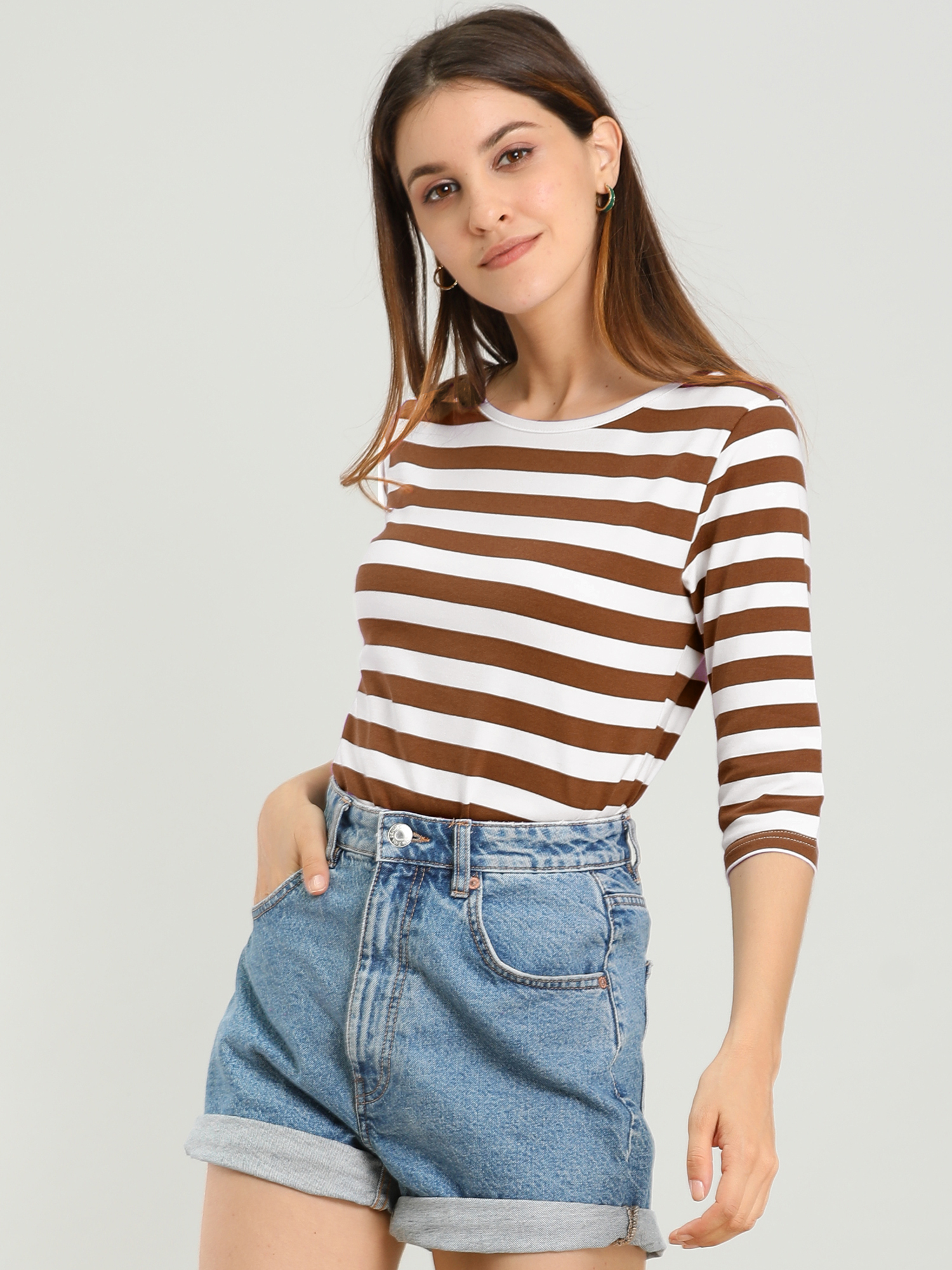 3/4 Sleeve Round Neck Casual Striped T-Shirt Brown White/L