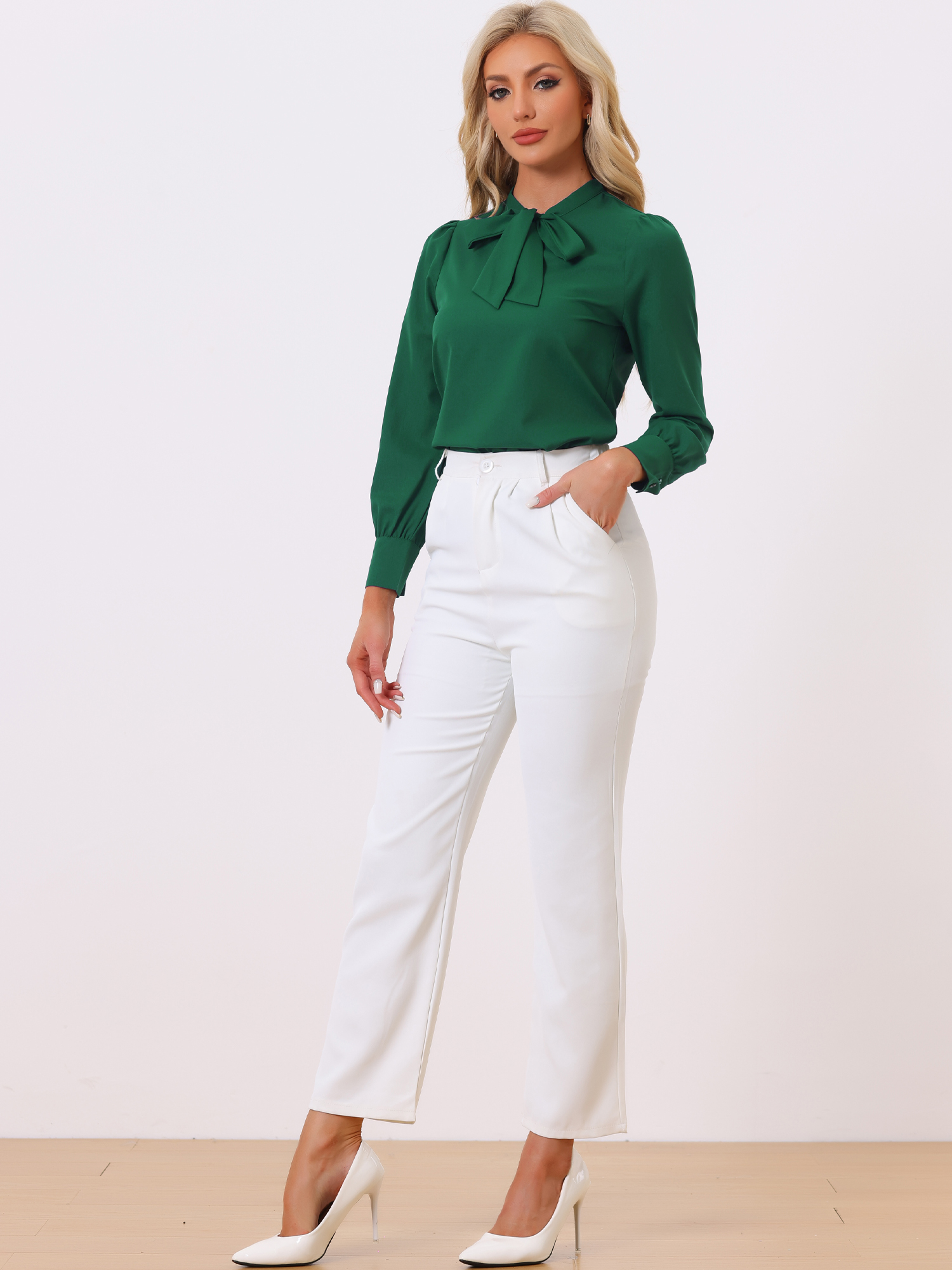 Bow Tie Neck Elegant Top Long Sleeve Solid Work Office Blouse Dark Green/L