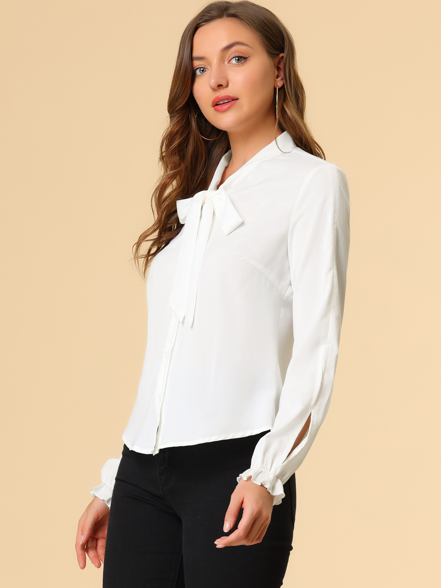 Work Blouse Elegant Bow Tie Neck Long Sleeve Shirt Top White/L
