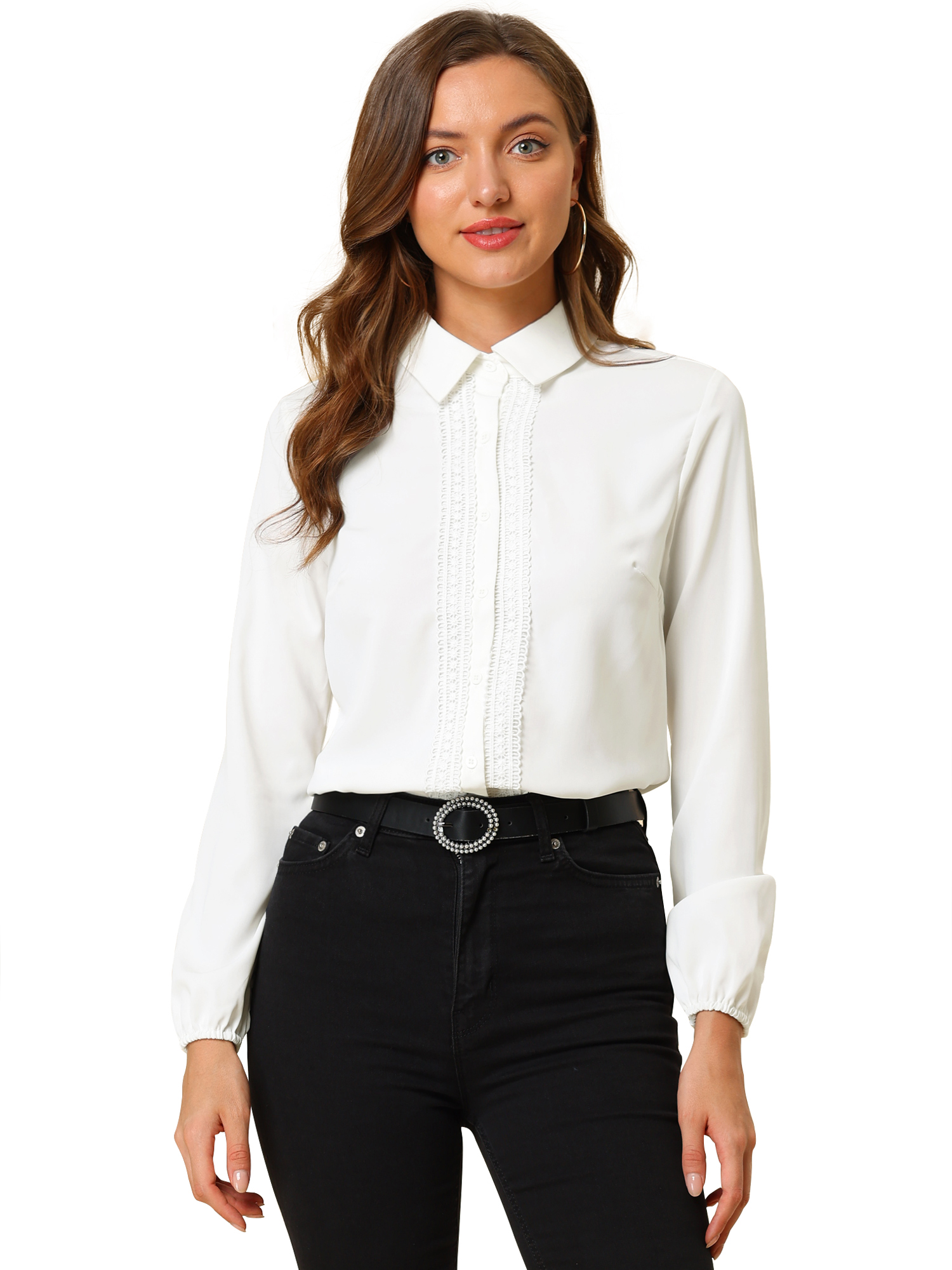 Button Down Shirt Lace Trim Long Sleeve Collared Work Blouse Top White/XL