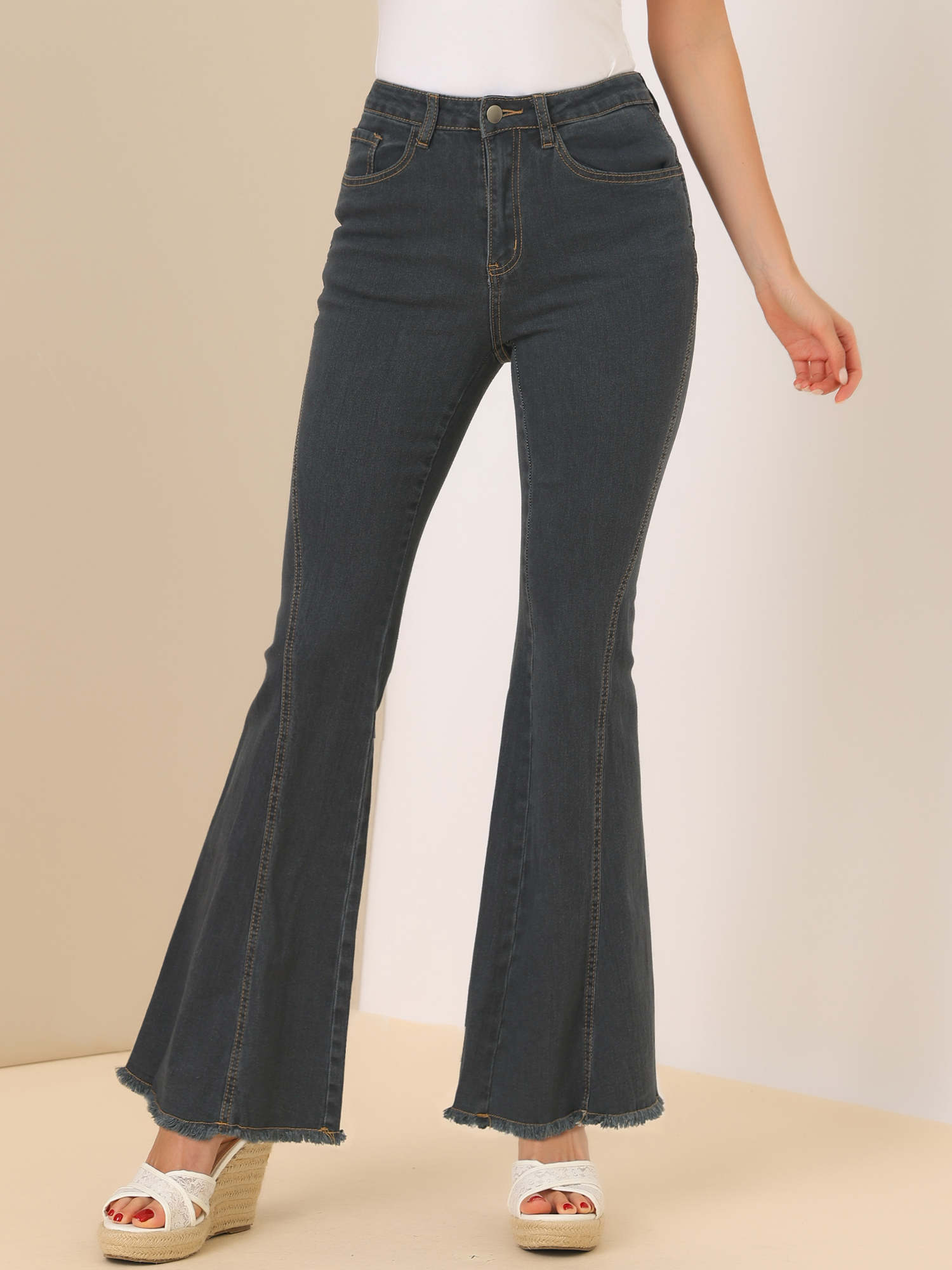 High Waist Stretch Denim Long Bell Pants Flare Jeans Black-Grey/L