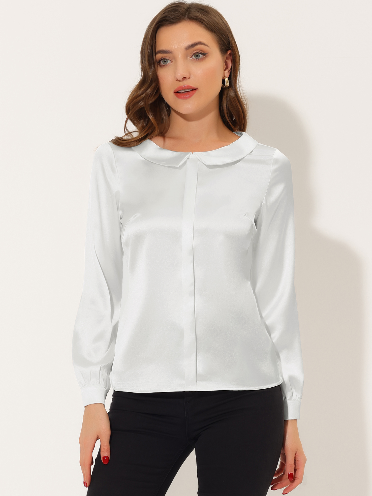 Satin Peter Pan Collar Shirt Office Elegant Top Work Blouse White/XL