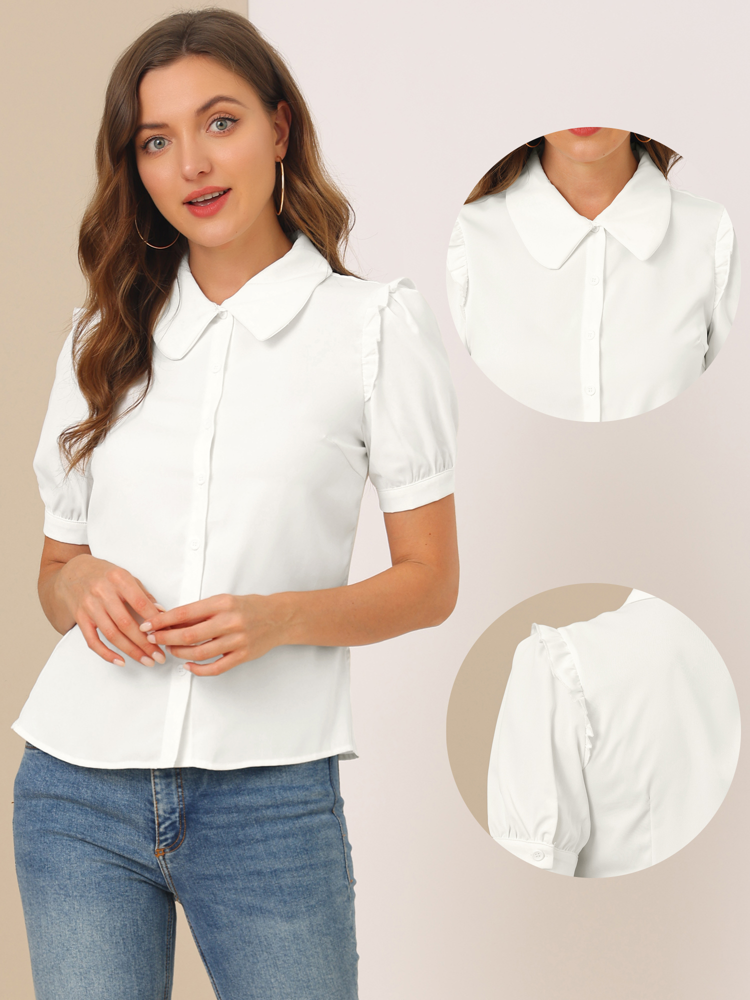 Work Collared Peter Pan Collar Short Sleeve Button Front Shirt White/XS