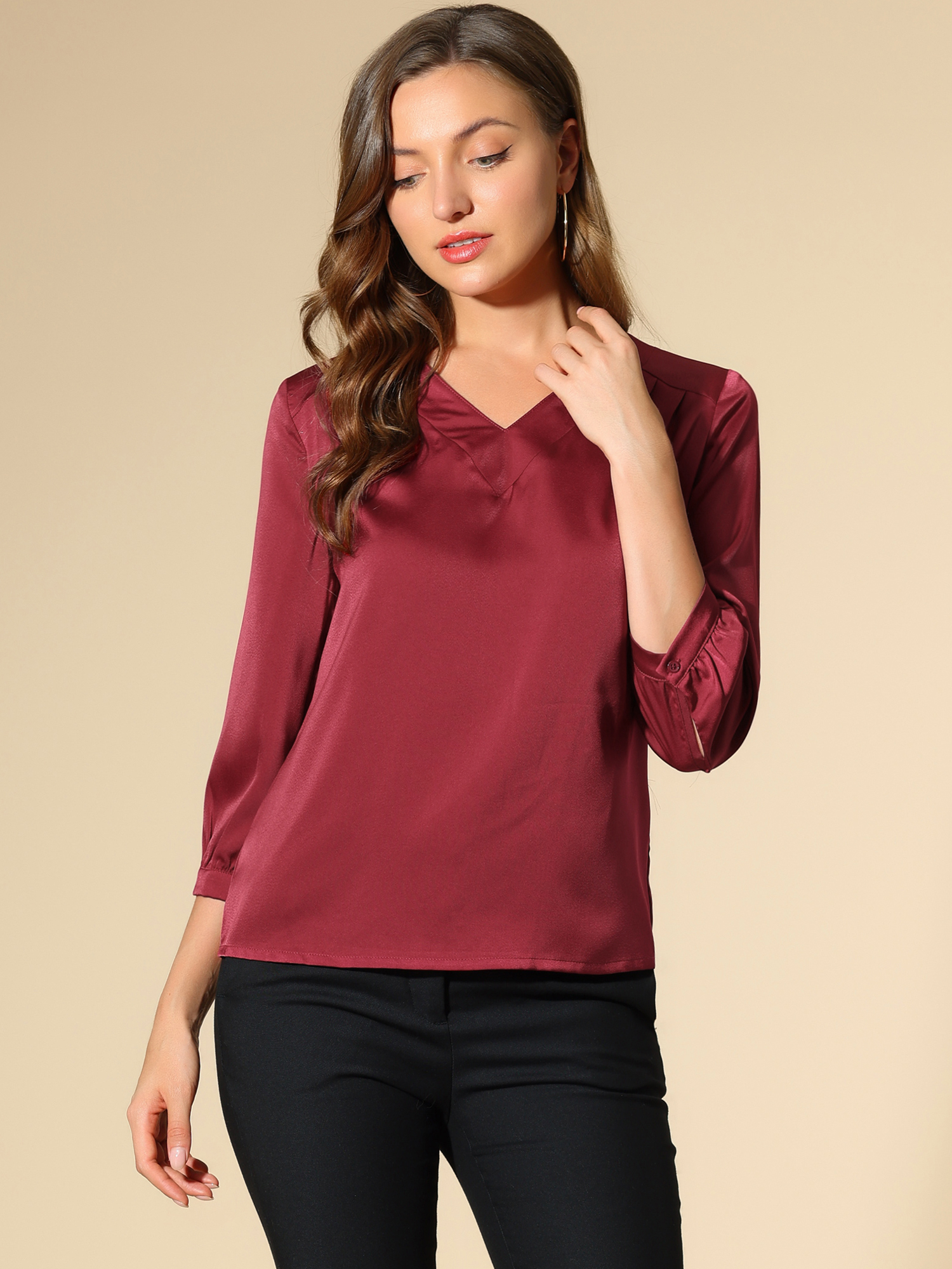 Casual Office Blouse 3/4 Sleeve V Neck Satin Shirt Burgundy/S