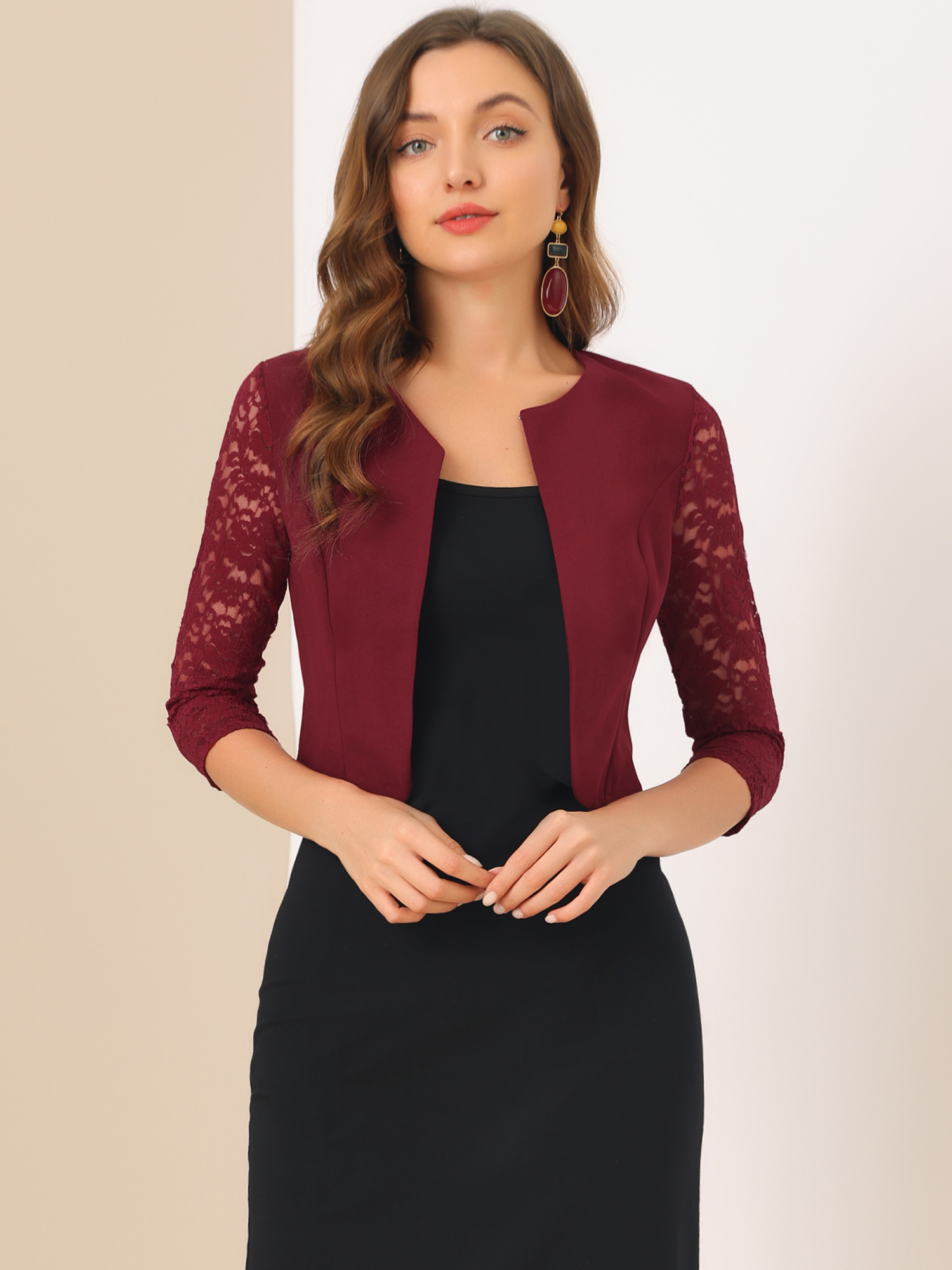 3/4 Sleeve Floral Lace Open Front Office Bolero Shrug Burgundy/M