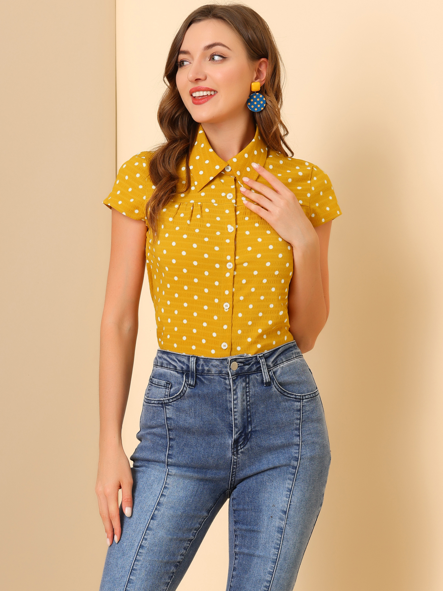 Short Sleeve Tops Vintage Polka Dots Button Up Shirt Yellow/XL
