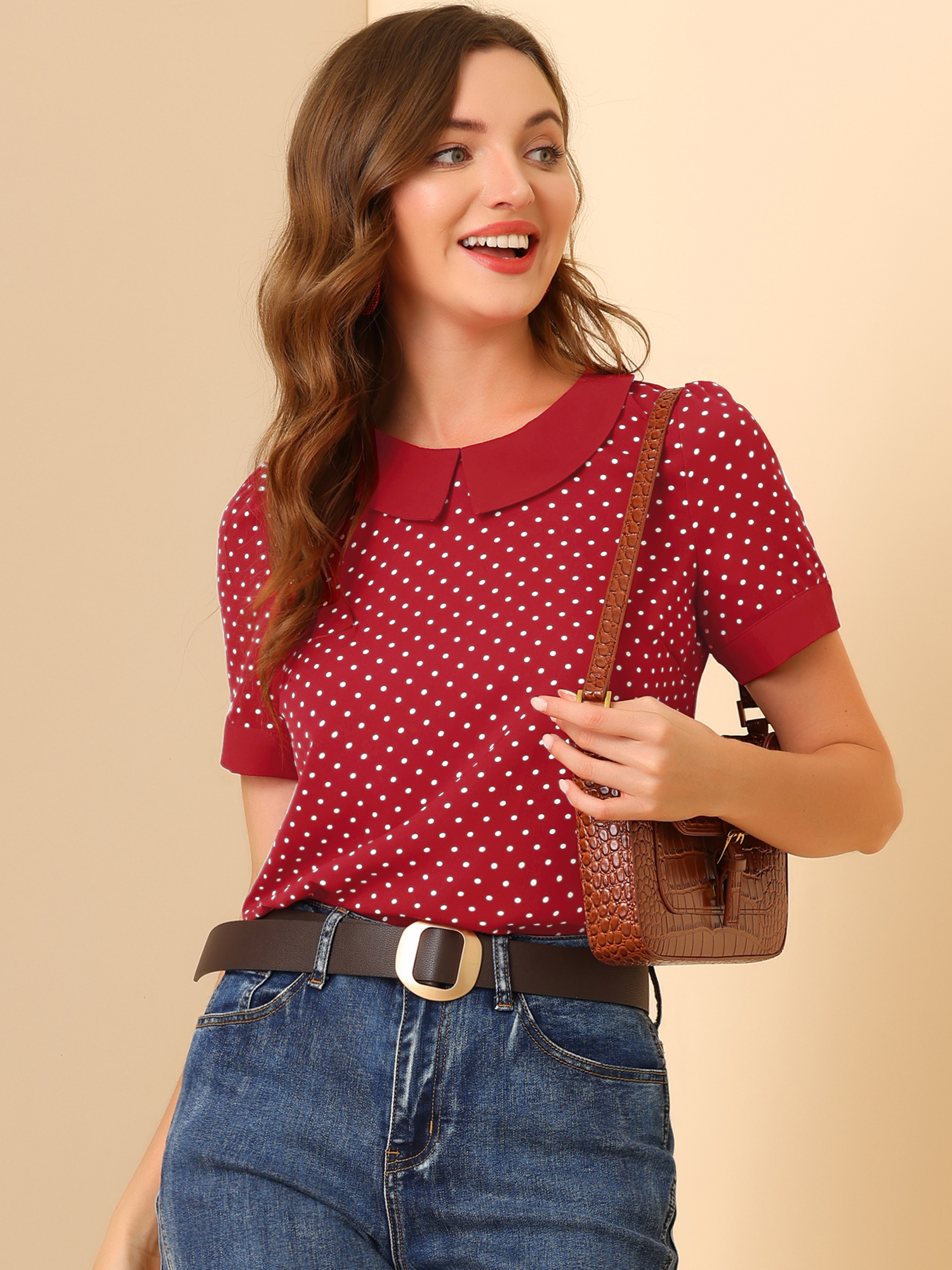 Peter Pan Collar Polka Dots Short Sleeves Blouse Red/XS
