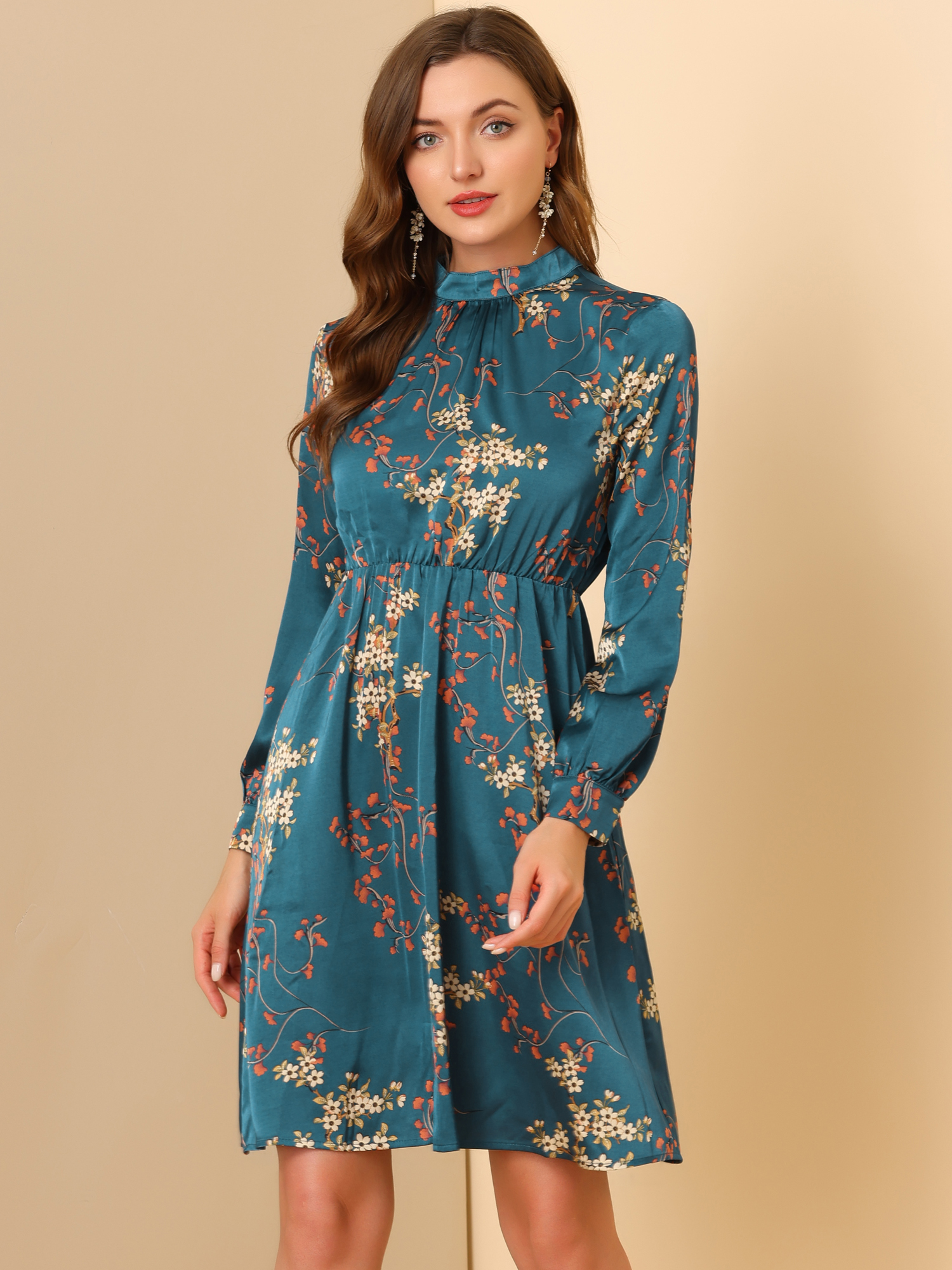 Mock Neck Swing Knee Length Long Sleeve A-line Floral Dress Satin Peacock Blue/XS