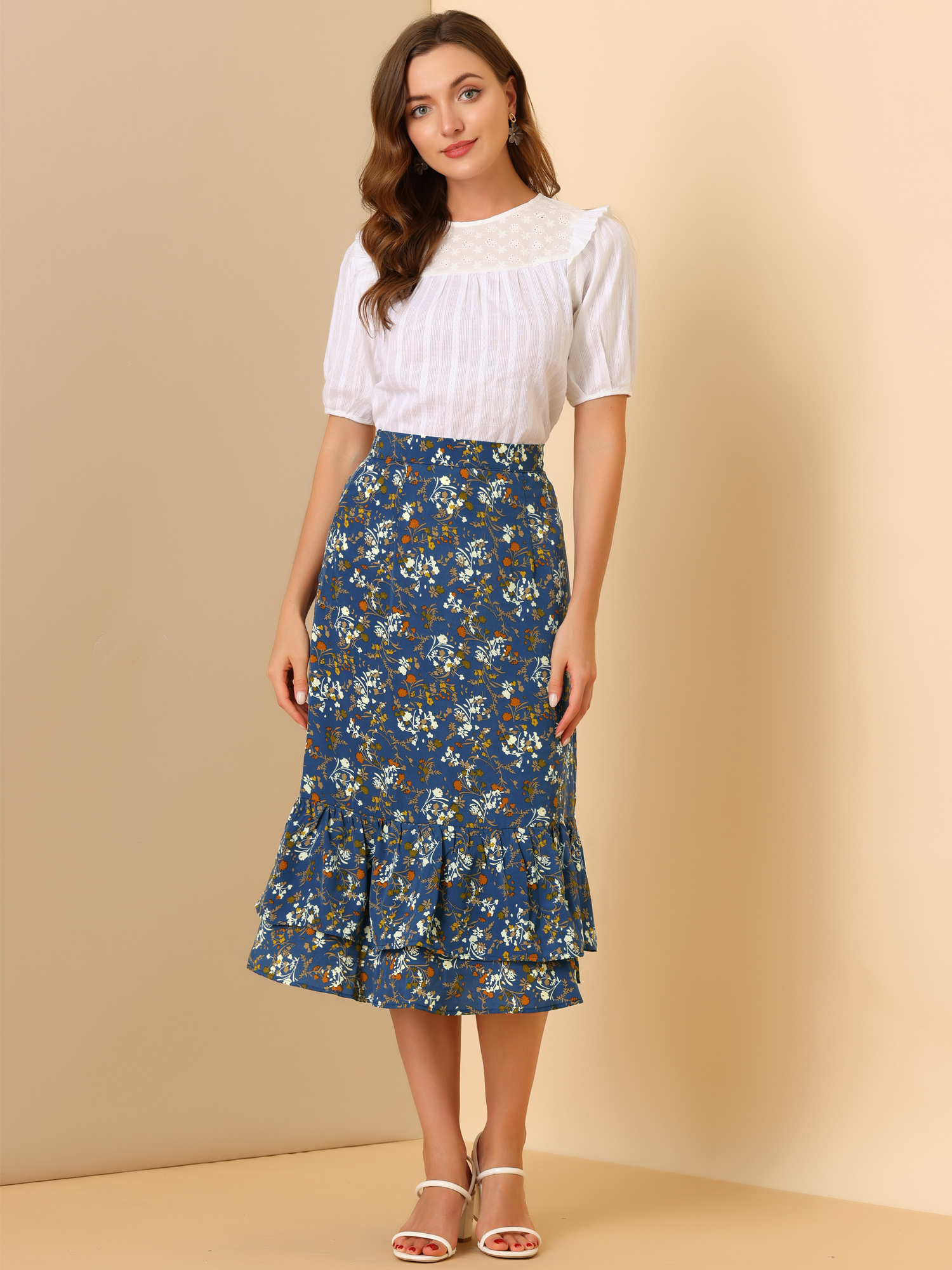 Printed Chiffon Elastic Waist Ruffle Tiered Flowy Midi Skirt Blue-Floral/XL