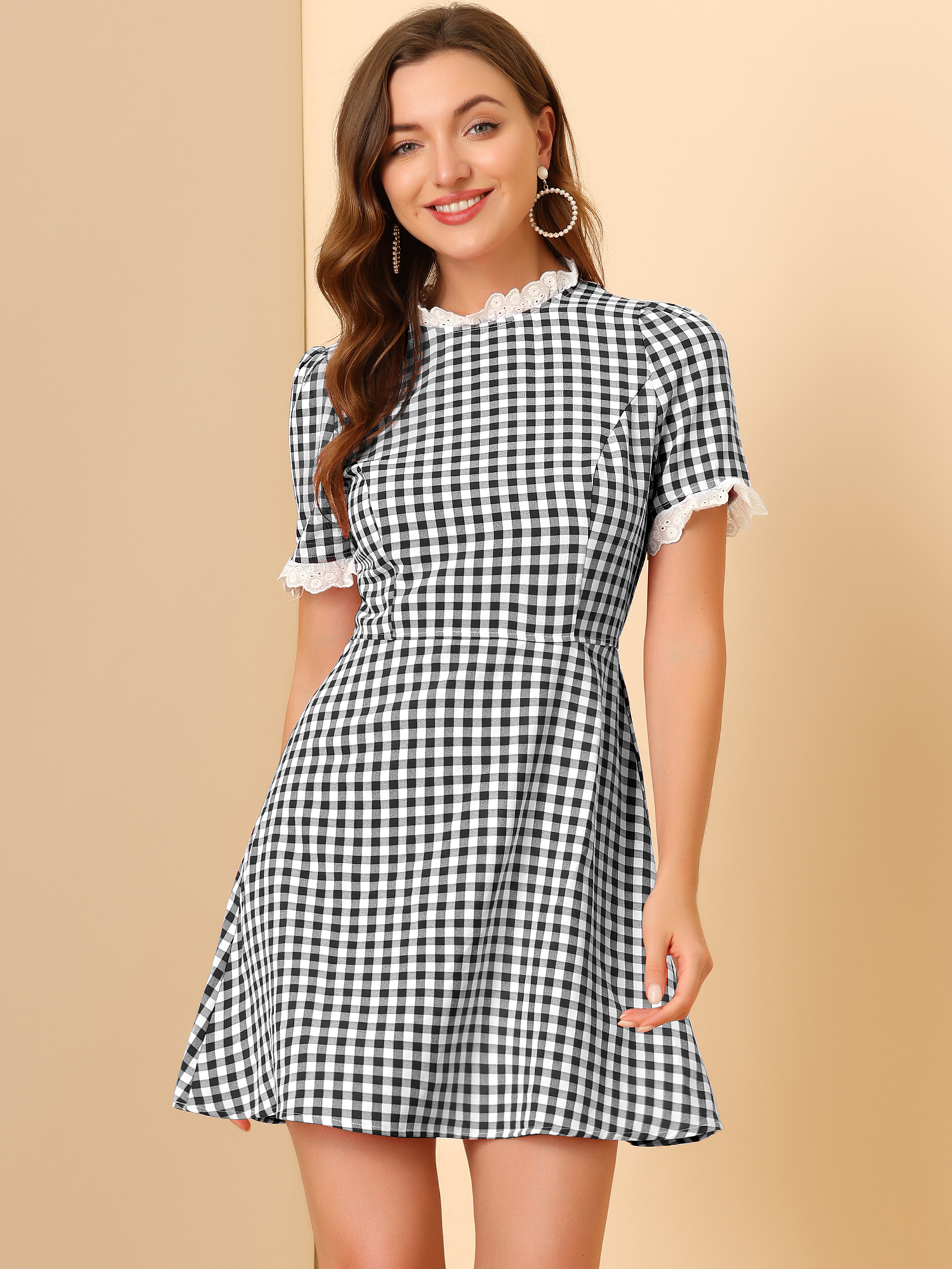 Summer Ruffle Neck Lace Panel Short Sleeve Check Gingham Dress Black/L