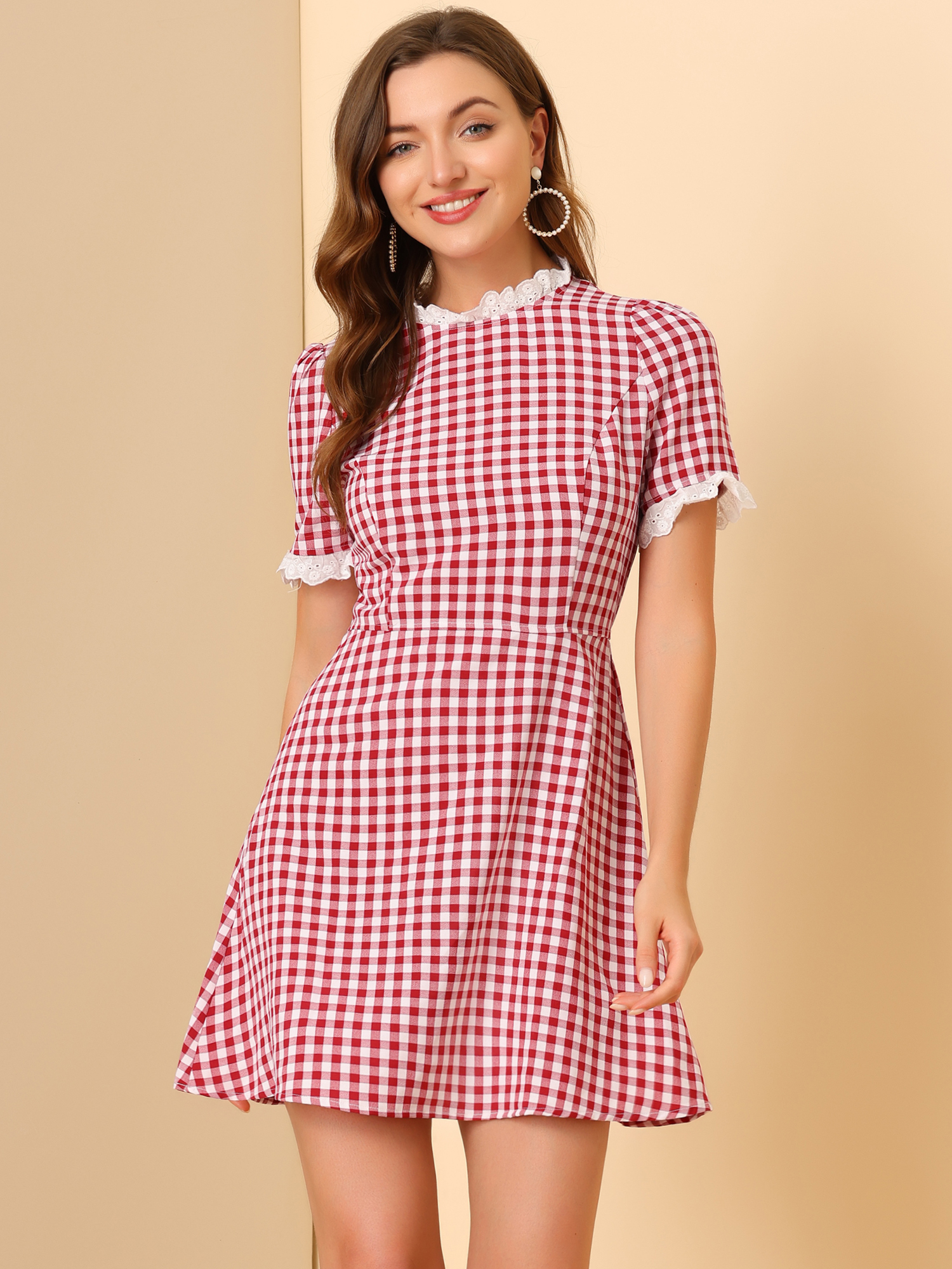 Summer Ruffle Neck Lace Panel Short Sleeve Check Gingham Dress Red/XS