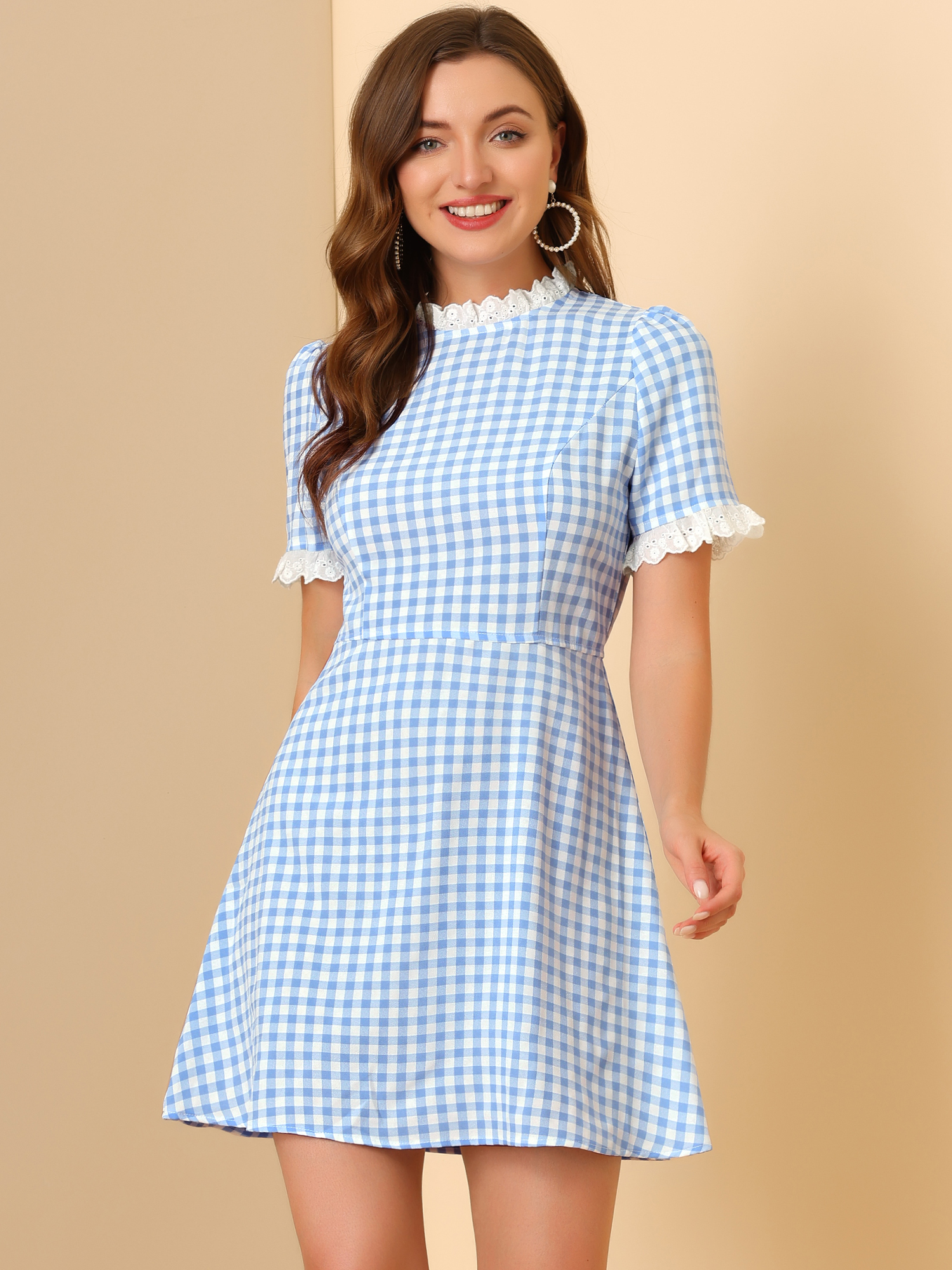 Summer Ruffle Neck Lace Panel Short Sleeve Check Gingham Dress Blue/S
