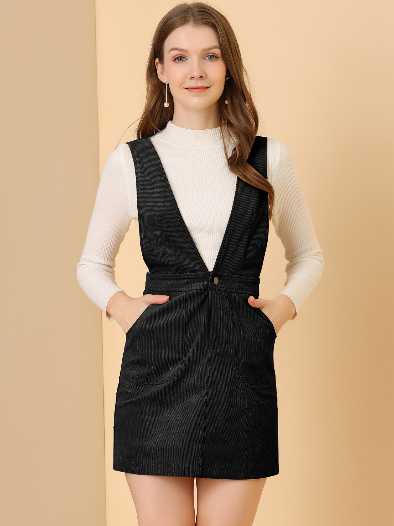 Corduroy Overall V Neck Strap Mini Pinafore Dress Black/L