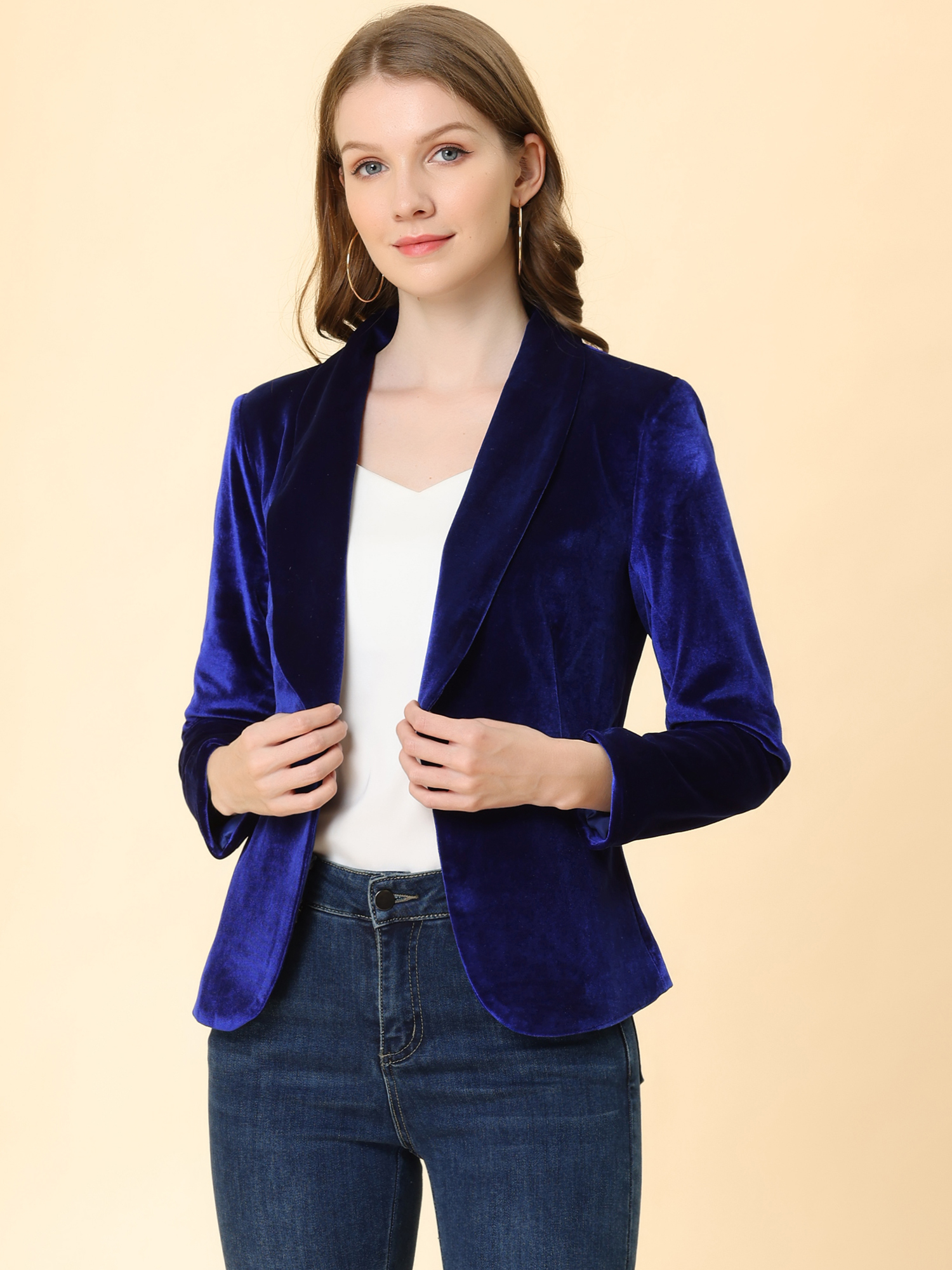 Solid Shawl Collar Single Button Velvet Blazer Royal Blue/XS