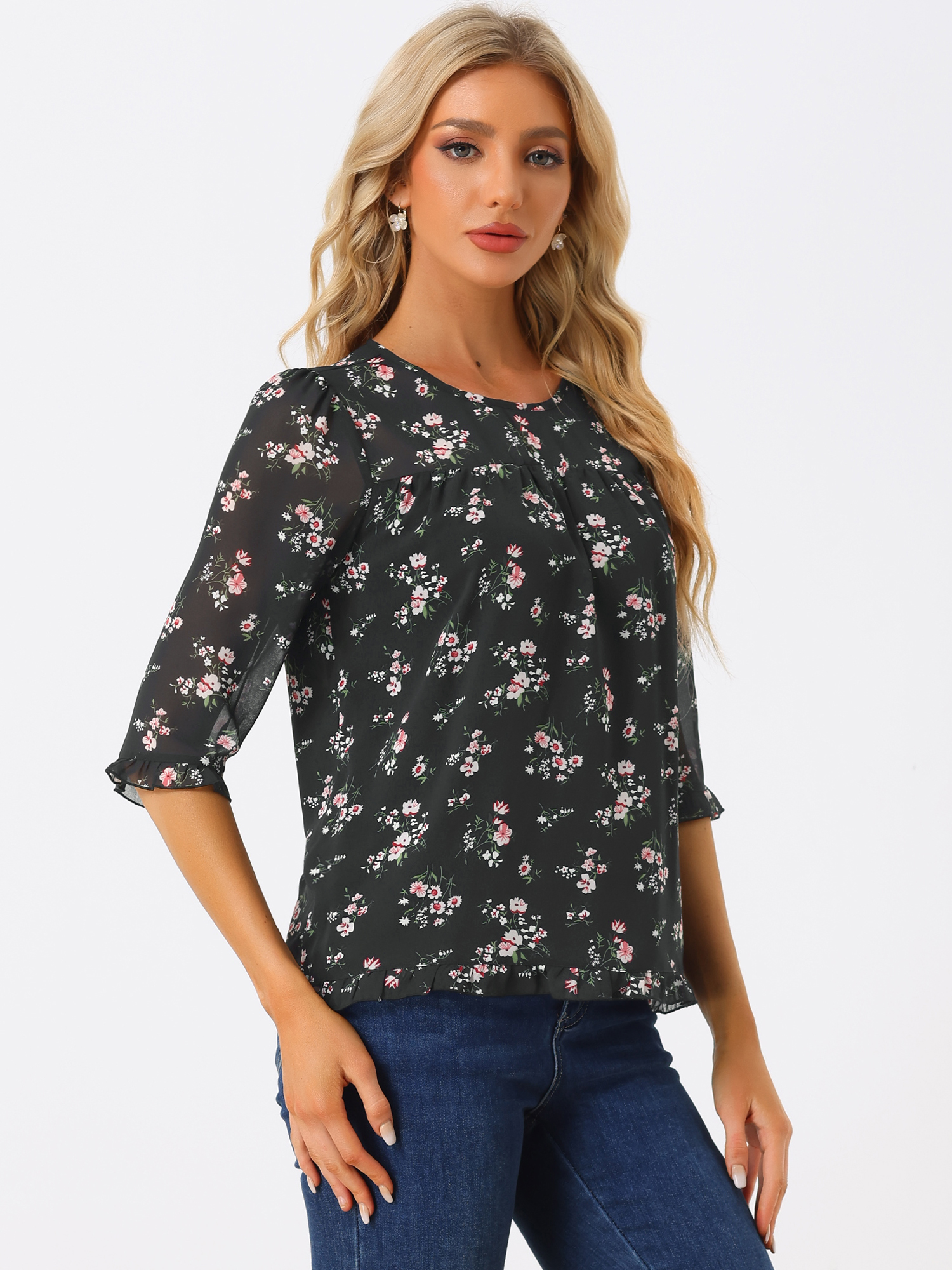 Casual Ruffle Floral Print 3/4 Sleeve Chiffon Blouse Black-1/S