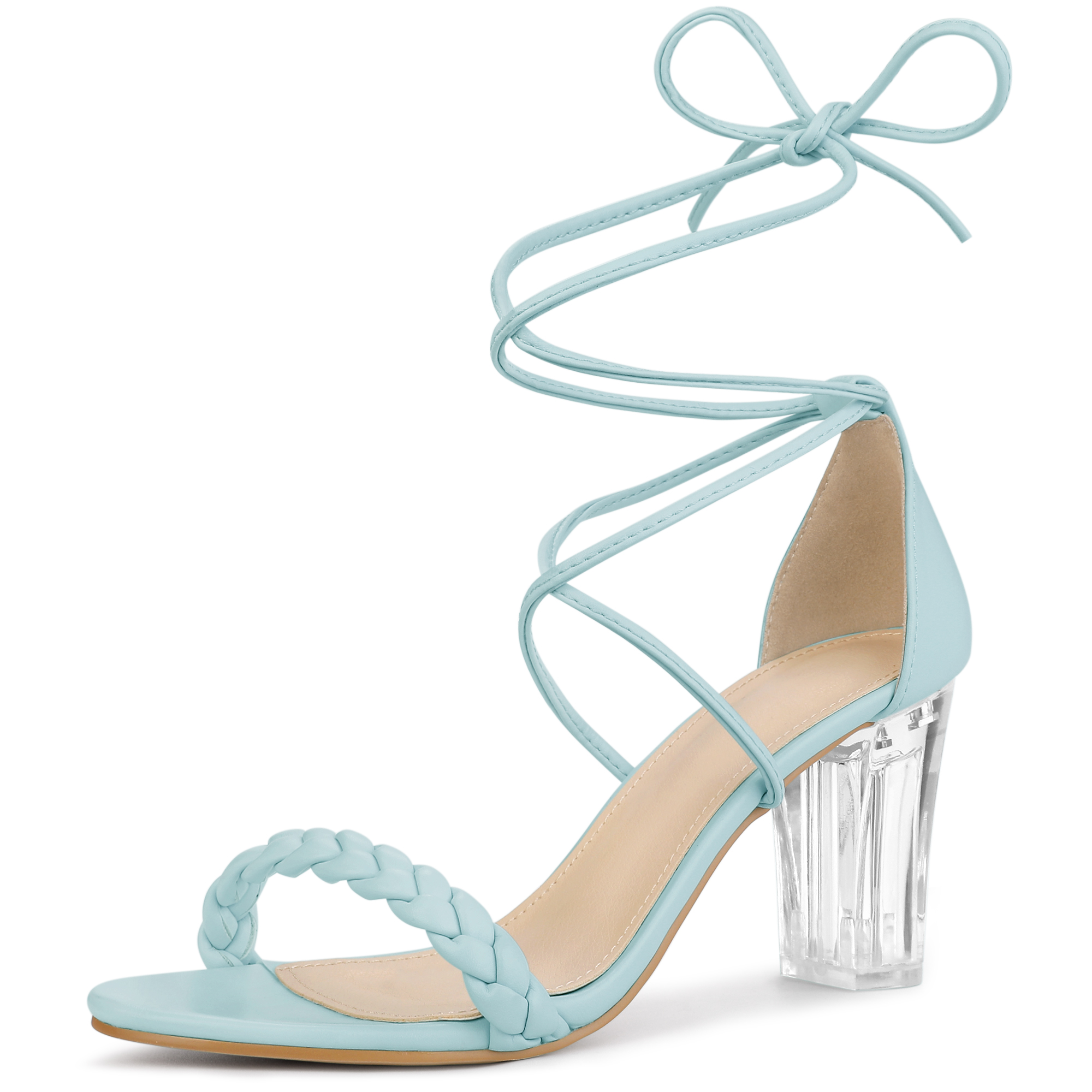 Woven Lace Up Braided Clear Block Heel Sandals Sky Blue/7.5
