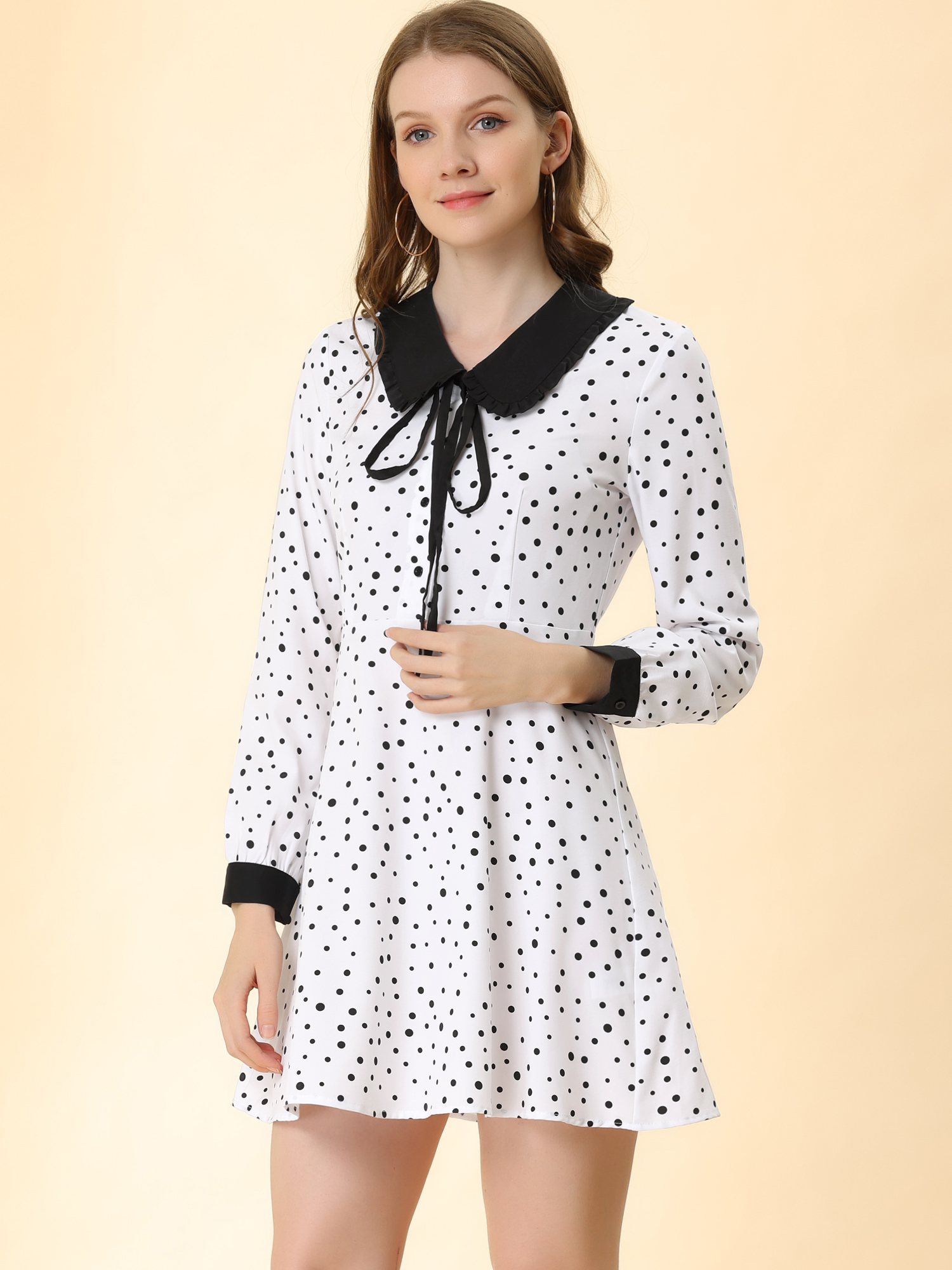 Polka Dots Sweet Tie Neck Contrast Peter Pan Collar Dress White/S