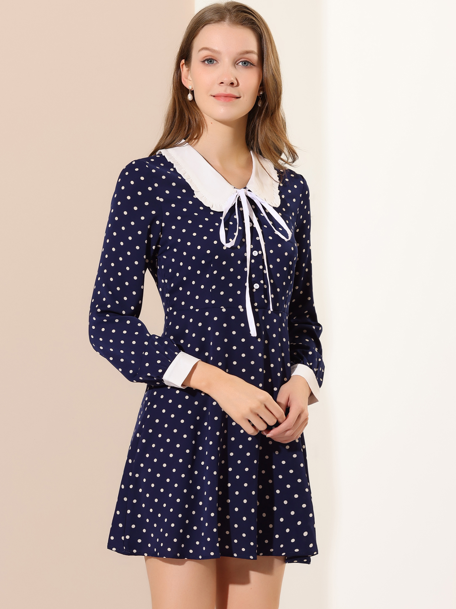 Polka Dots Sweet Tie Neck Contrast Peter Pan Collar Dress Navy Blue/XS