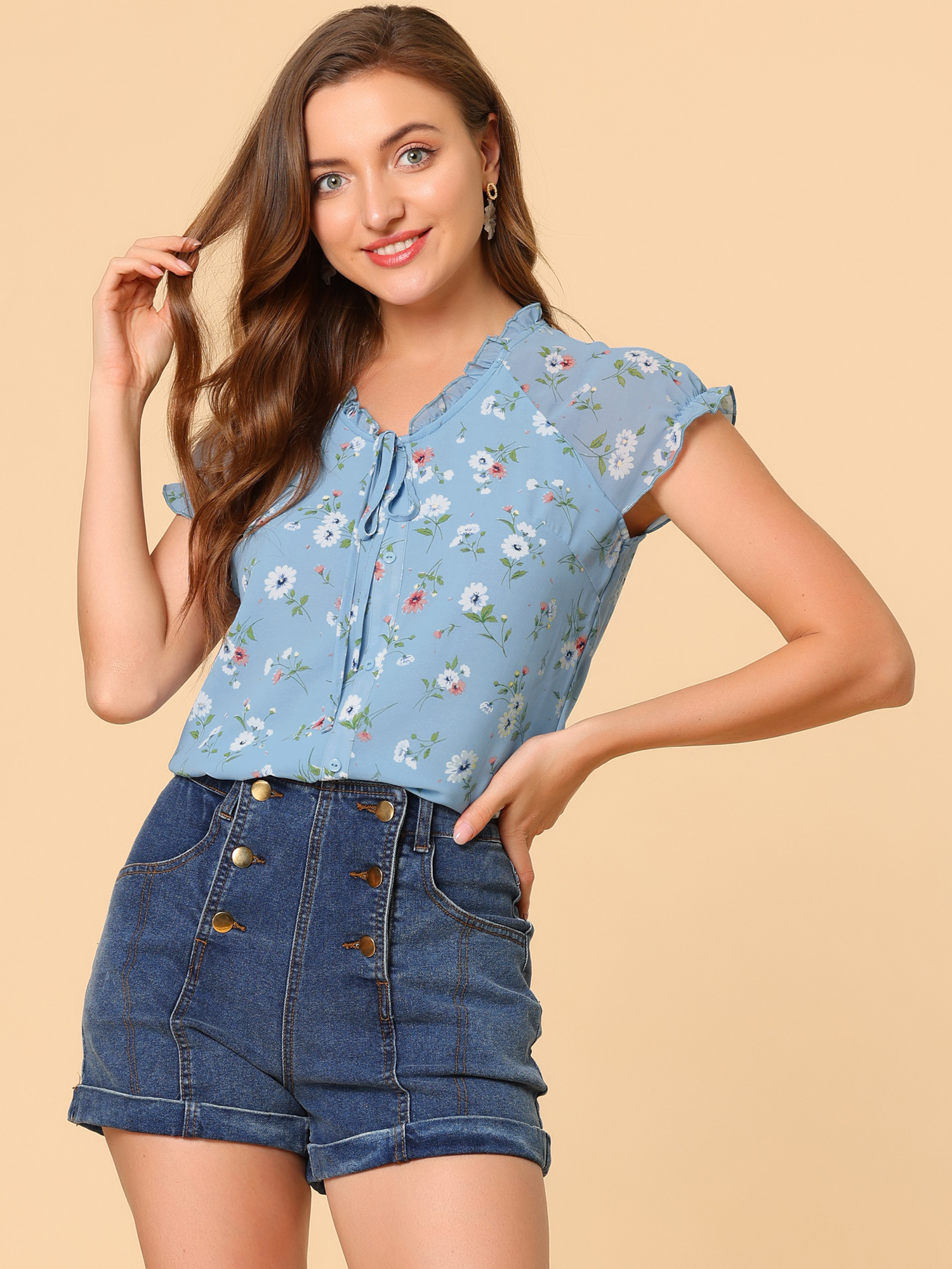 Ditsy Floral Print Chiffon Short Sleeve Ruffle Blouse Blue/L