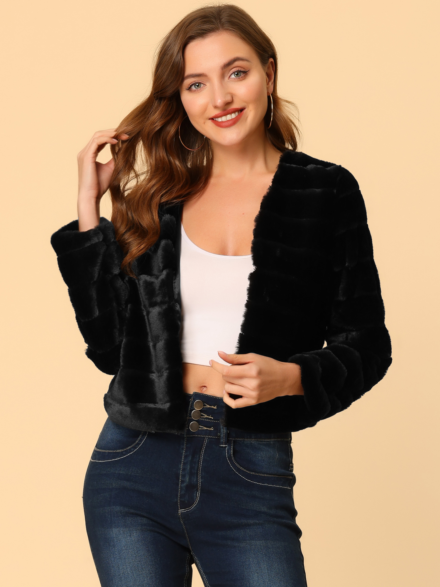 Winter Warm Cropped Collarless Faux Fur Fluffy Jacket Black/S