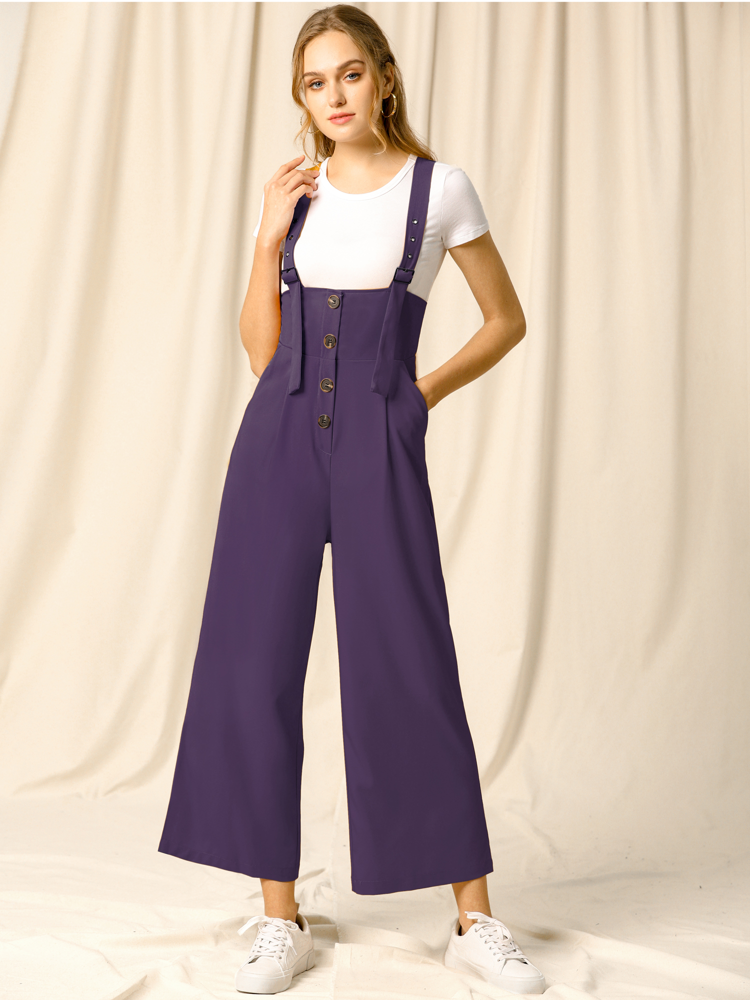High Waist Wide Leg Belted Jumpsuit Button Long Overalls Dark Purple/2XL