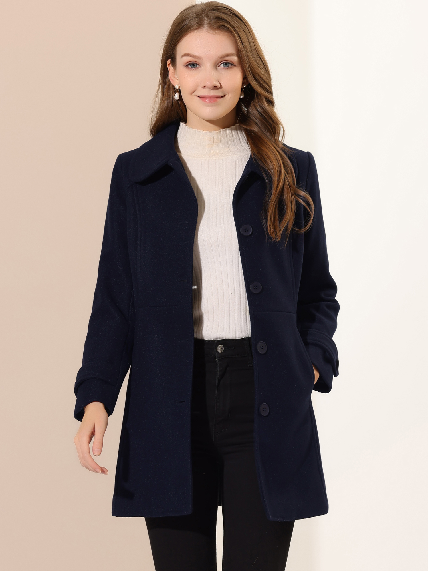 Peter Pan Collar Single Breasted Winter Outwear Buttoned Long Coat Dark Blue/XS