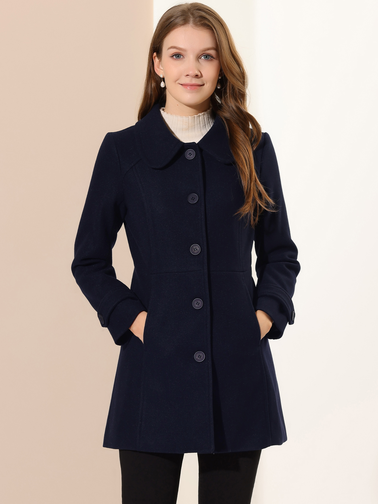 Allegra – Peter Pan Collar Single Breasted Winter Outwear Buttoned Long Coat Dark Blue/L