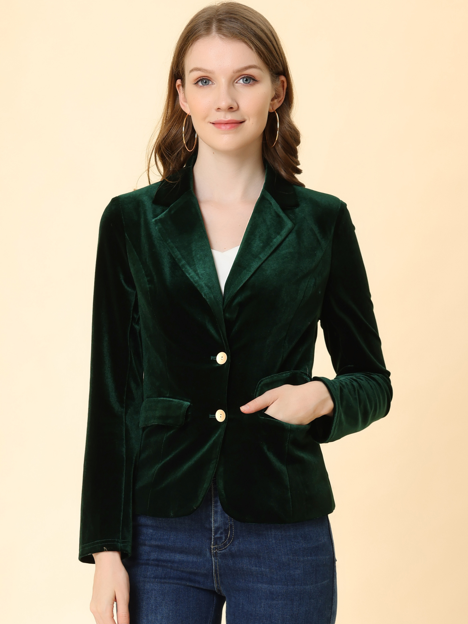 Notched Lapel Vintage Office Button Front Velvet Blazer Dark Green/M