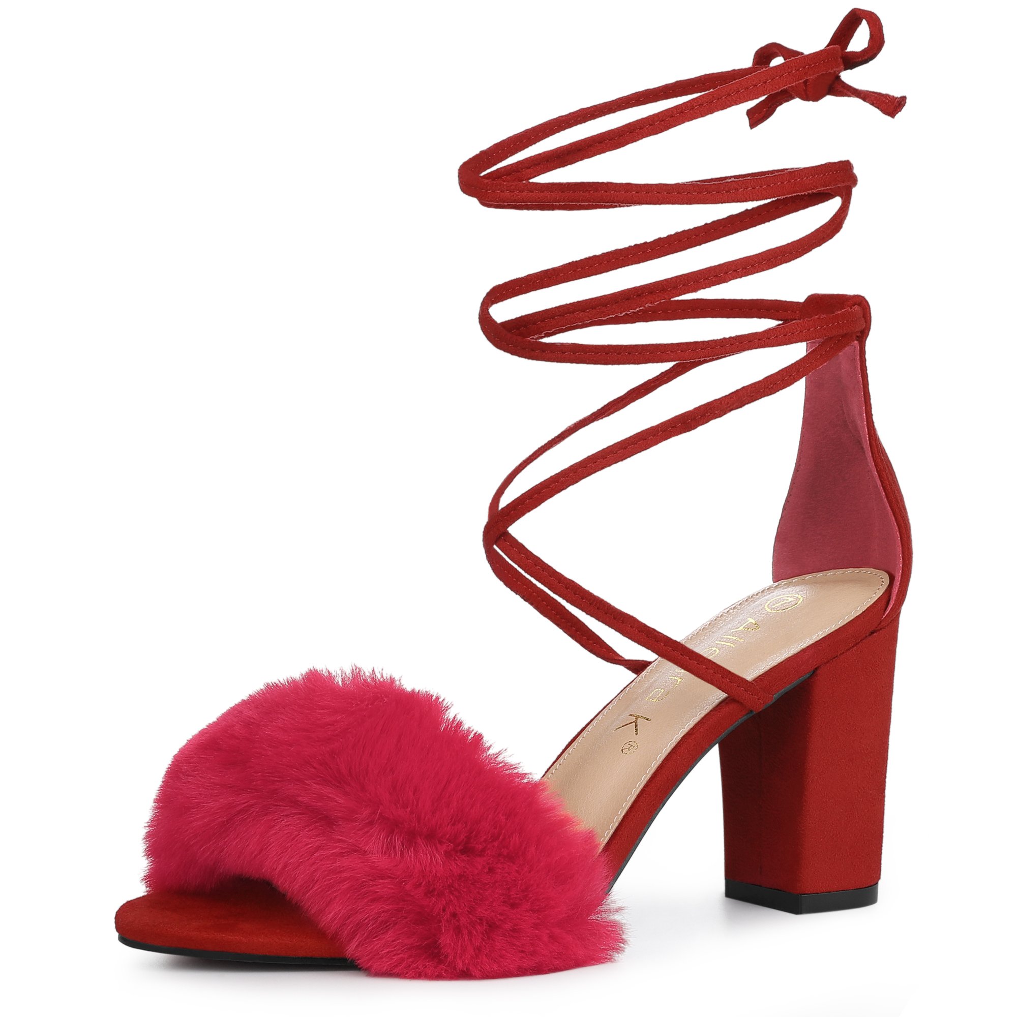 Faux Fur Open Toe Lace Up Strappy Chunky Heel Sandals Red/7