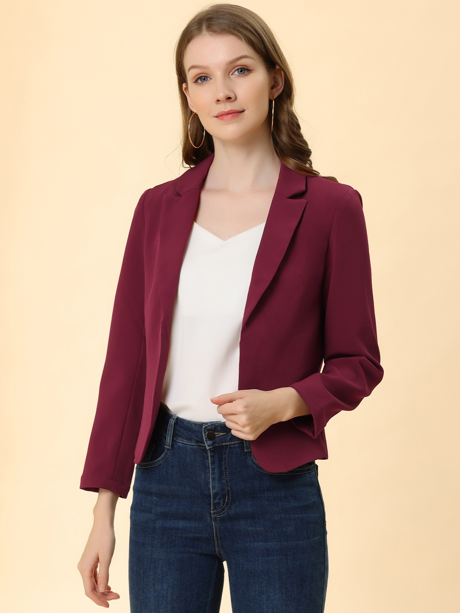 Open Front Office Work Business Crop Suit Blazer Jacket Burgundy/M
