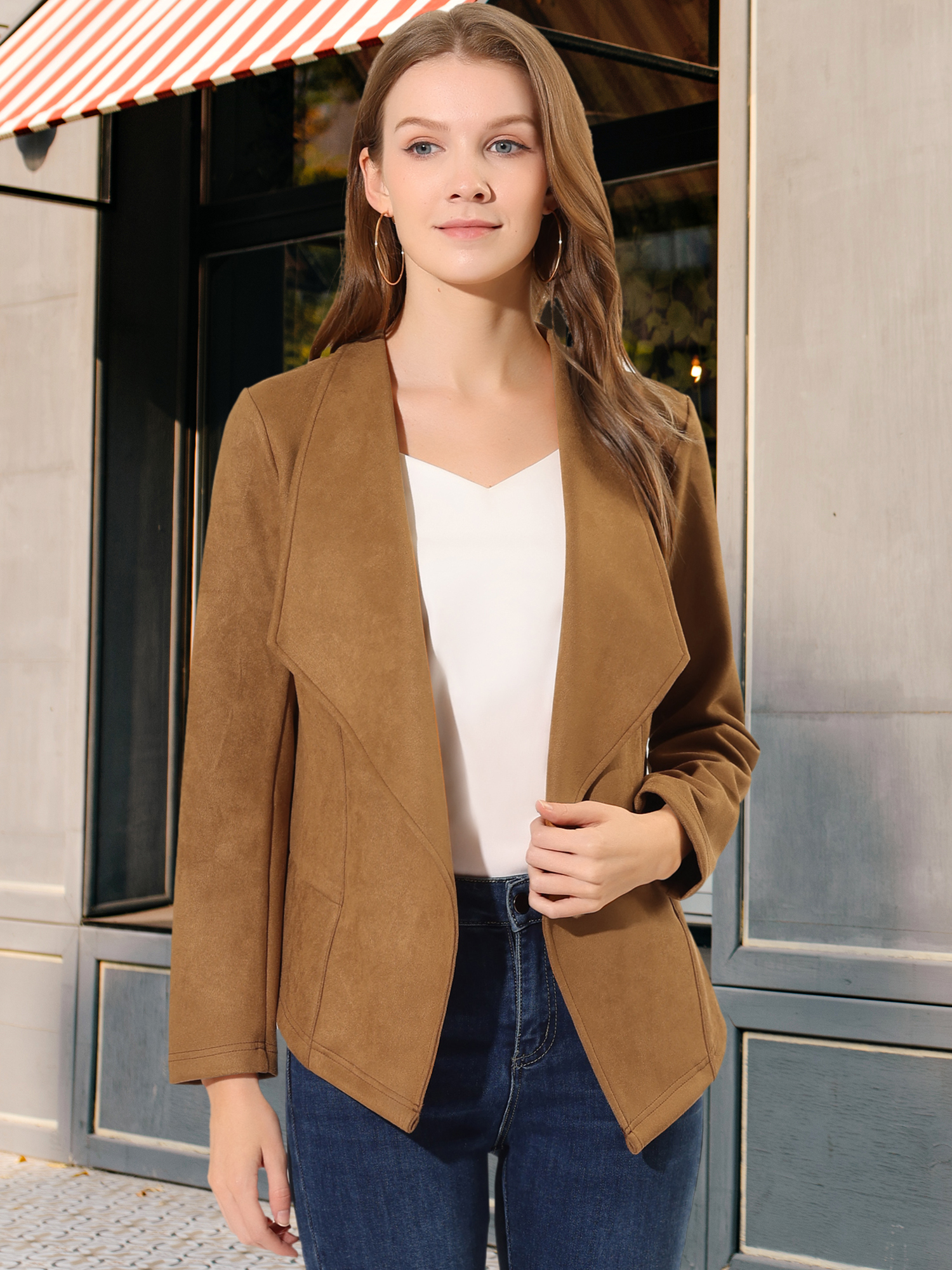 Faux Suede Jacket Open Front Lapel Draped Outwear Cardigan Brown/S