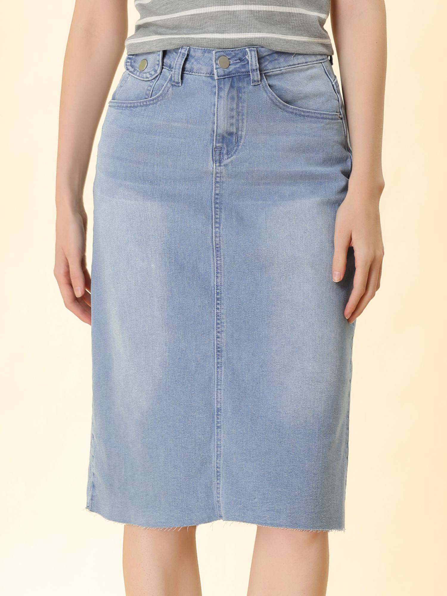 Casual High Waist Back Slit Stretch Denim Midi Skirt Light Blue/XS