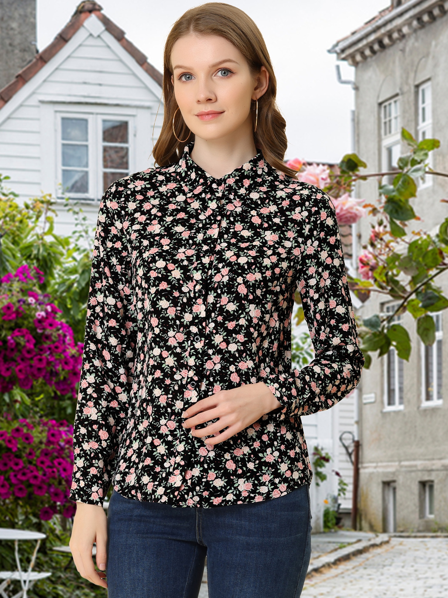 Button Down Floral Long Sleeve Point Collar Blouse Black-Pink Floral/M