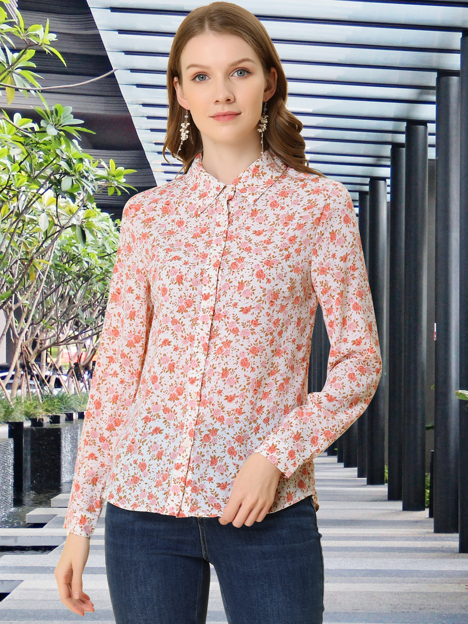 Button Down Floral Long Sleeve Point Collar Blouse White-Pink Floral/XS