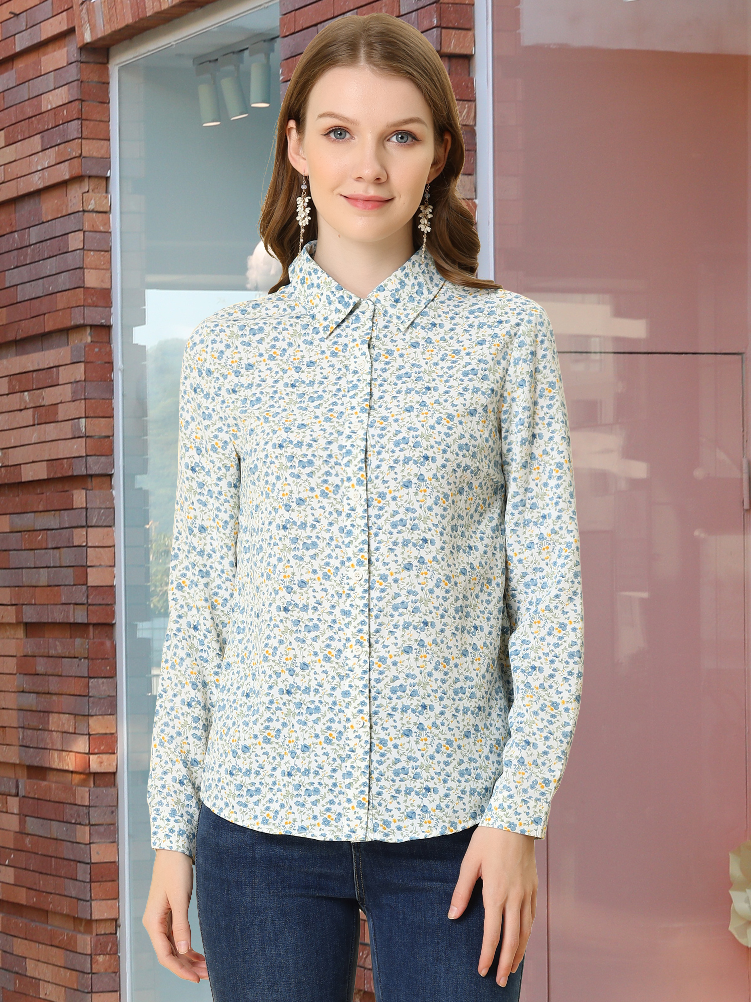 Button Down Floral Long Sleeve Point Collar Blouse White-Blue Floral/XL