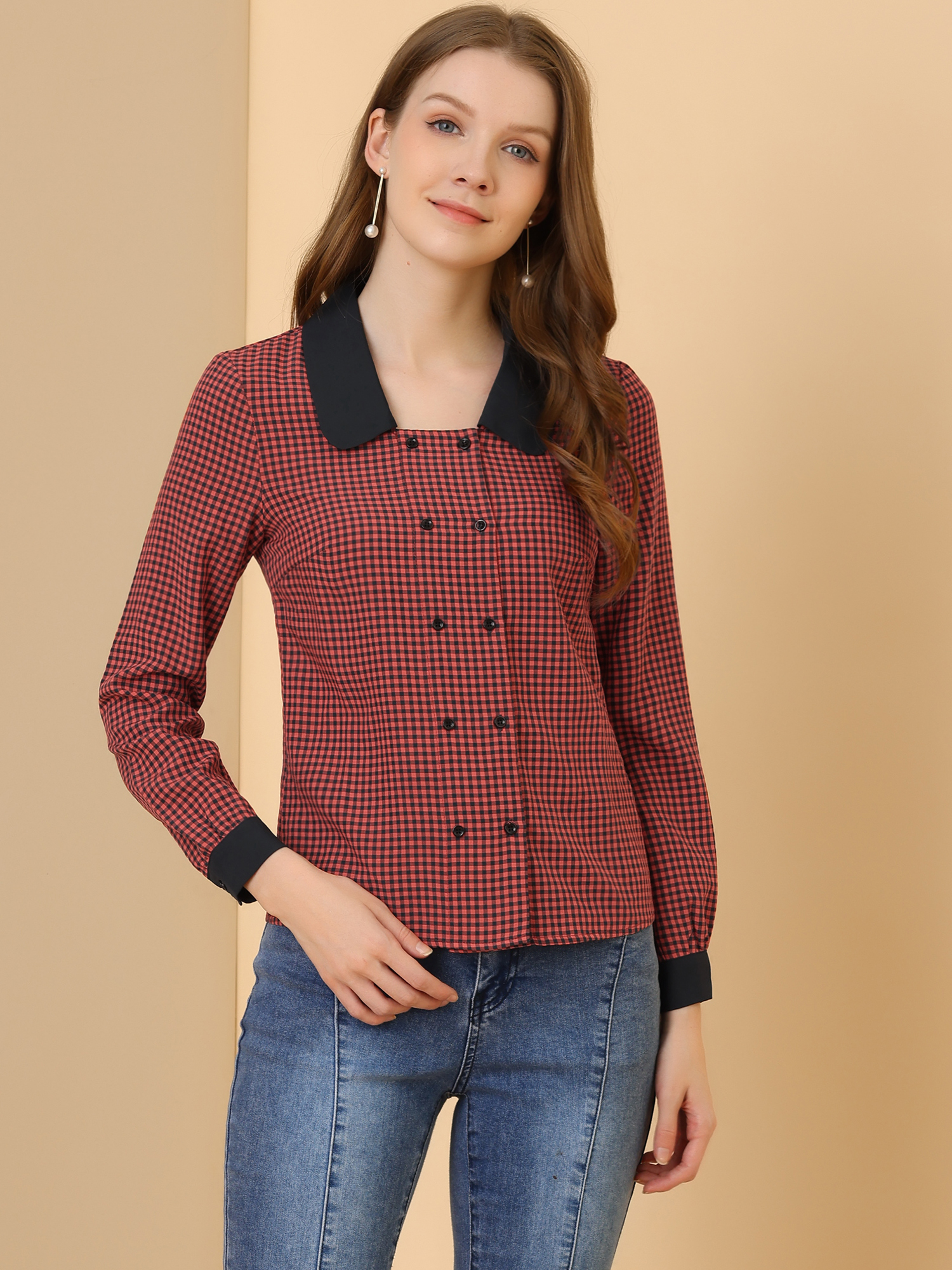 Contrast Peter Pan Collar Gingham Long Sleeve Button Down Blouse Red-Black/M