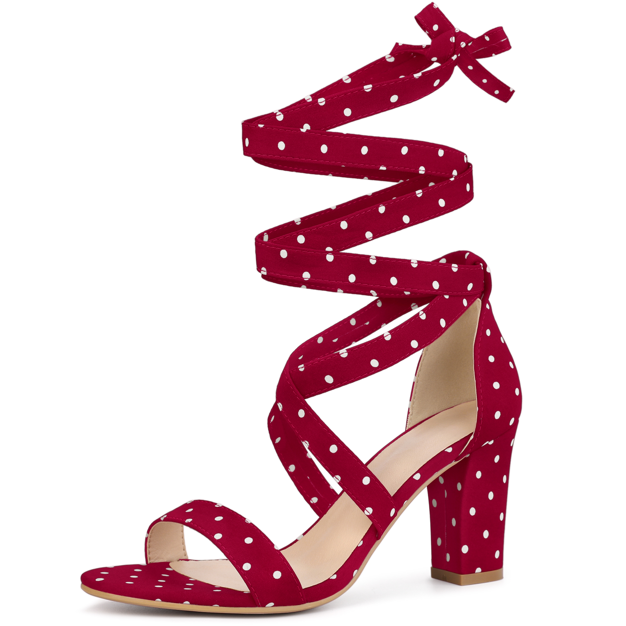 Elegant Polka Dot Strappy Lace Up Chunky Heel Sandals Red/7.5