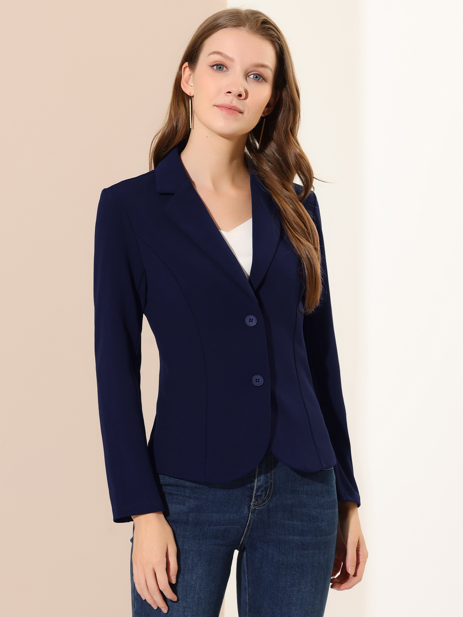 Notched Lapel Collar Stretch Work Office Jacket Blazer Navy Blue/S