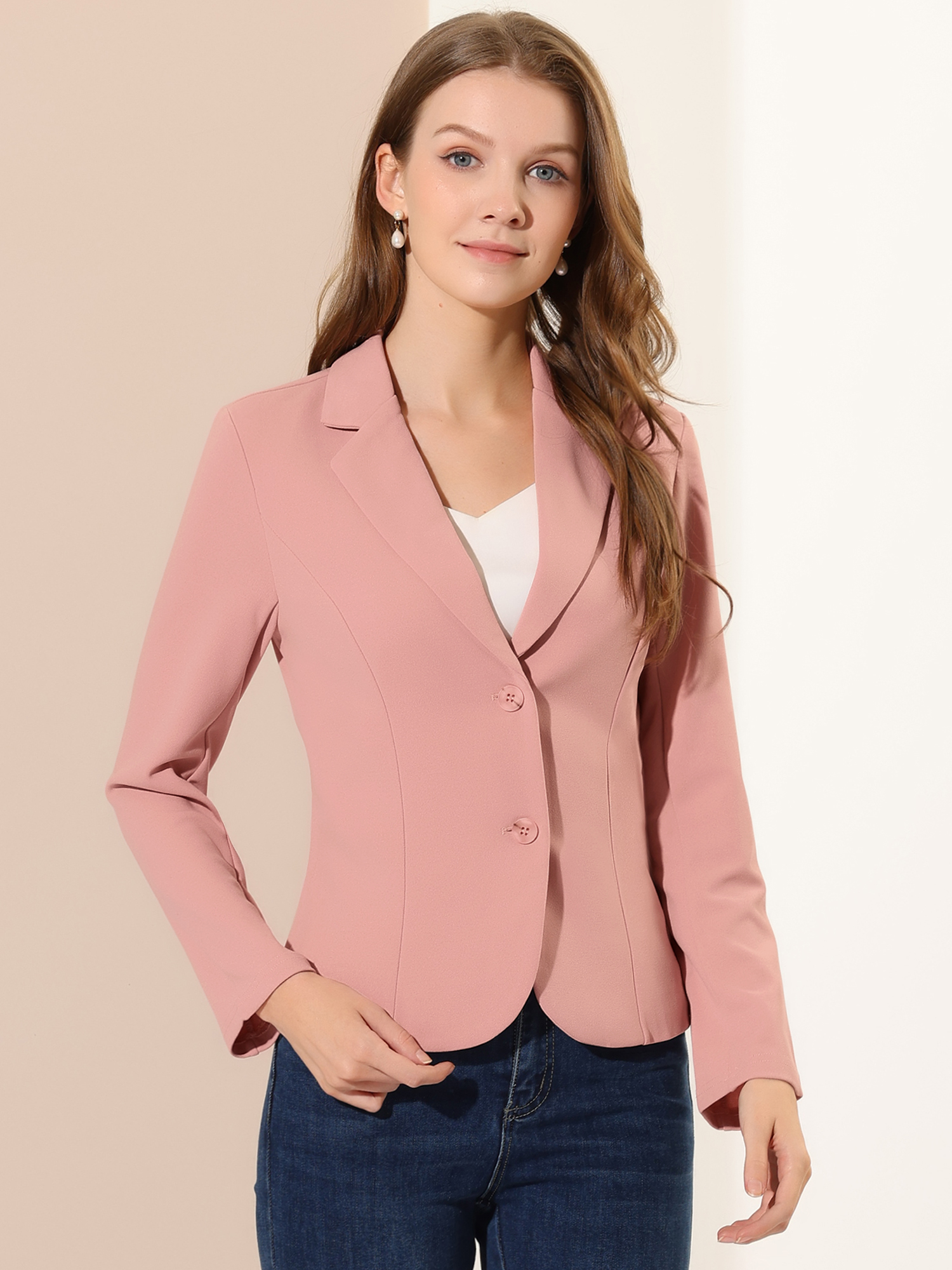 Stretch Notched Lapel Collar Work Office Jacket Blazer Dark Pink/L