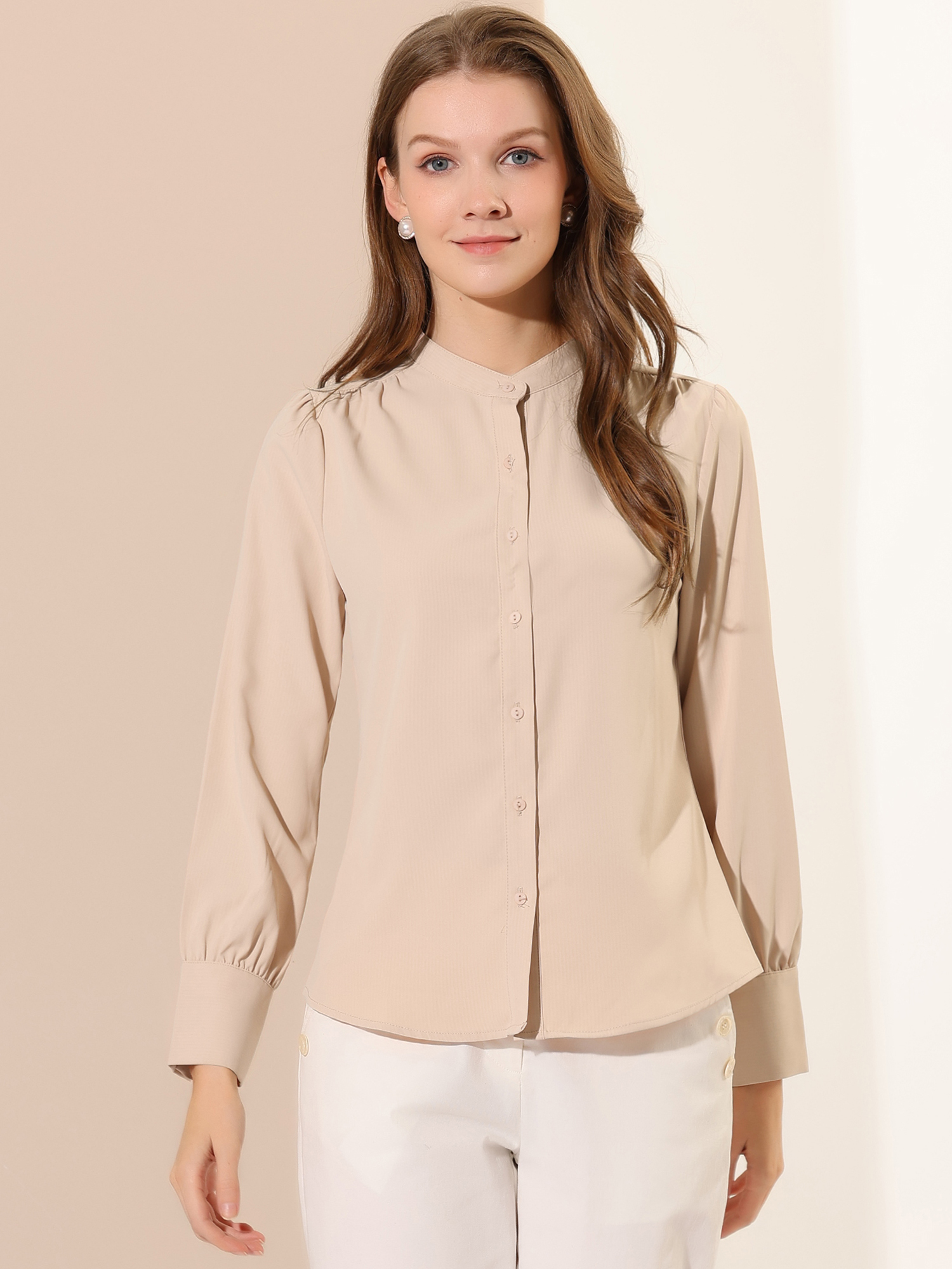 Mandarin Collar Long Sleeve Button Down Office Shirt Beige/XL