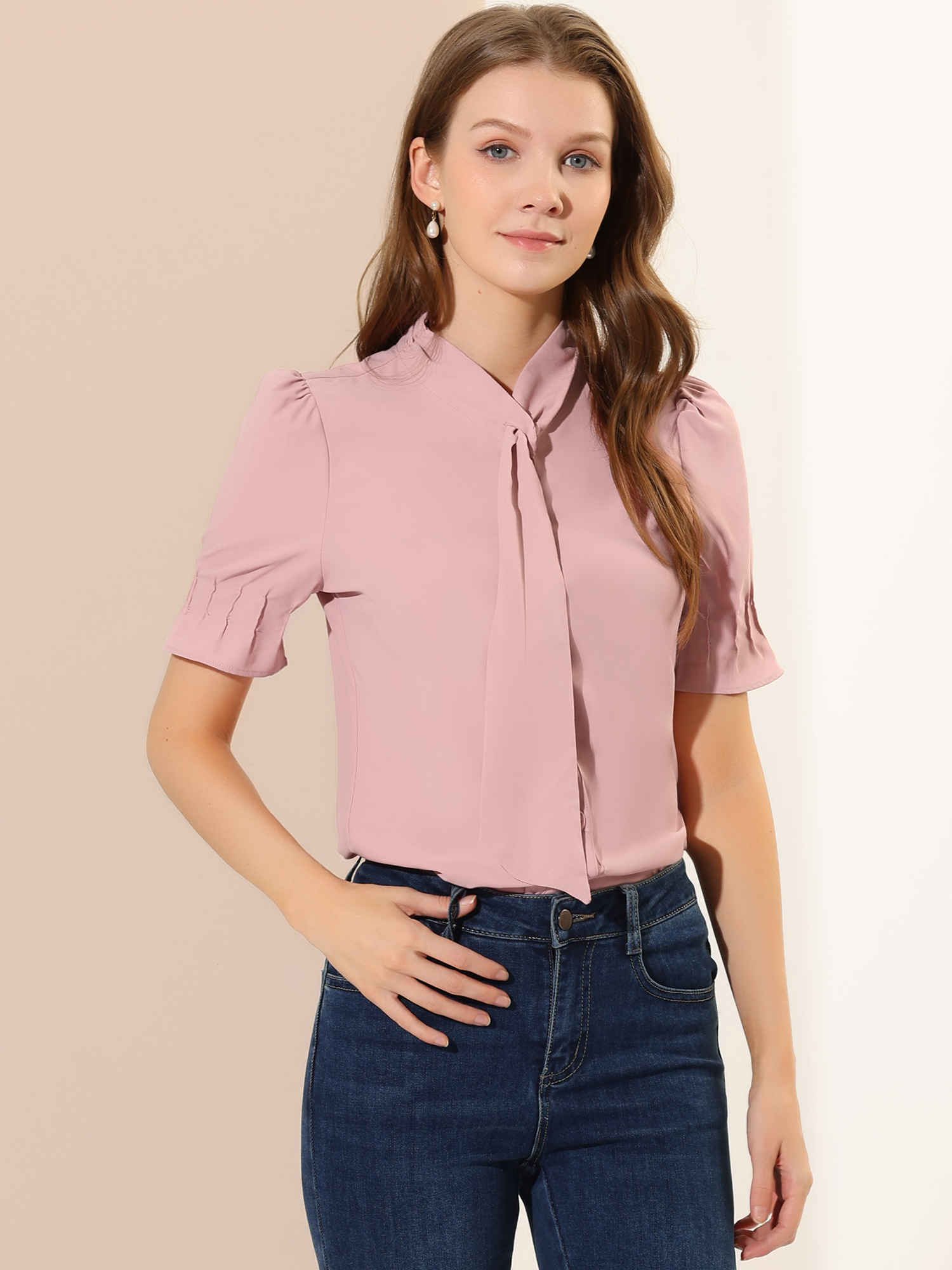 Tie Neck Work Top Puff Sleeve Blouse Eleagnt Button Down Shirt Pink/L