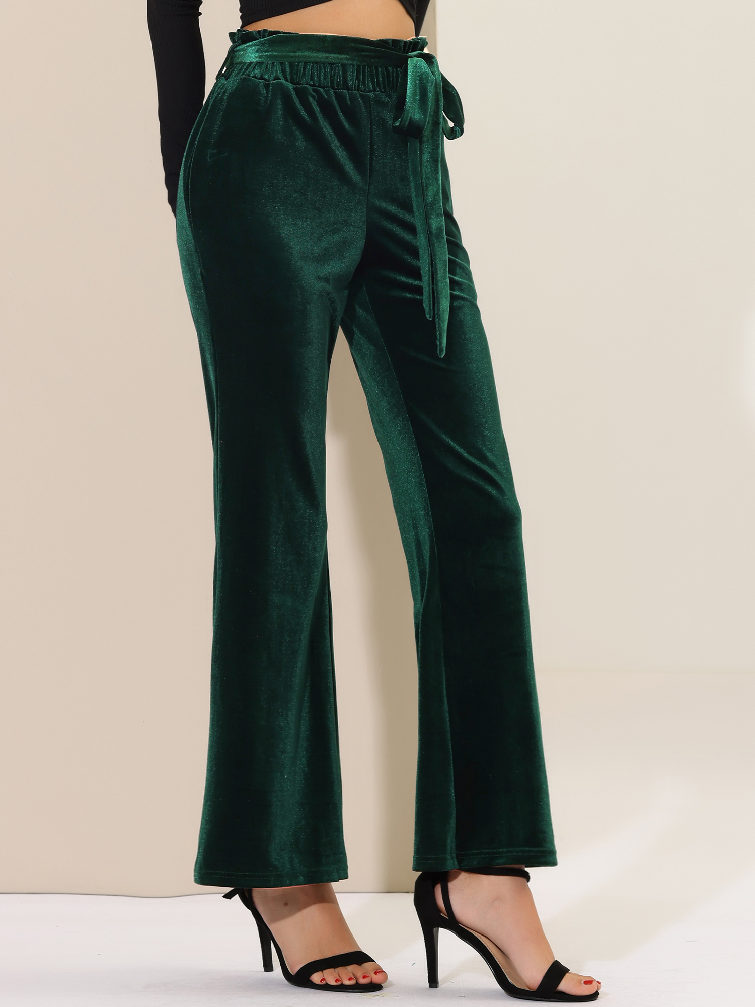 Velvet Tie Waist Pockets Stretchy Wide Leg Pants Dark Green/L