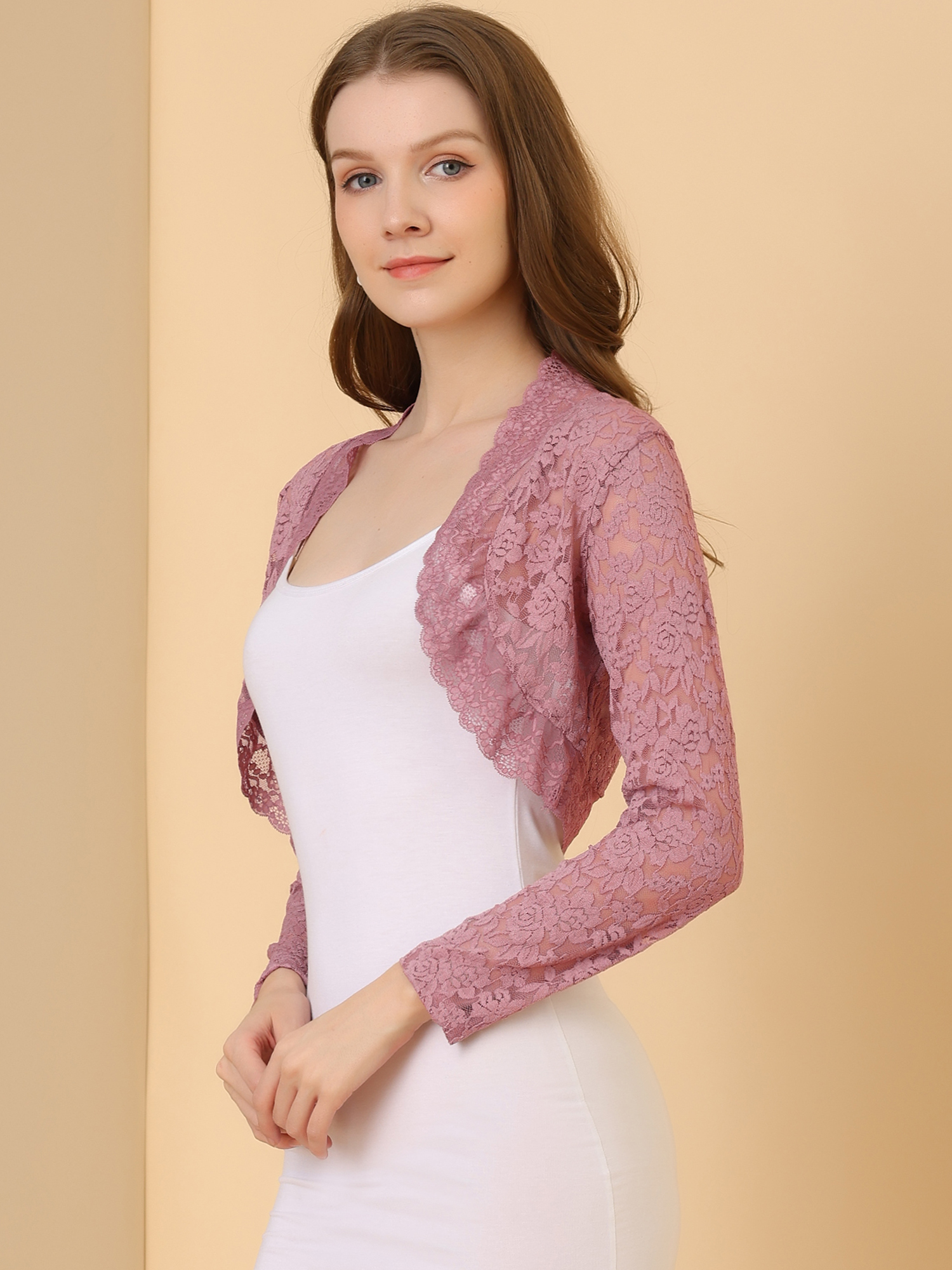 Elegant Sheer Floral Lace Cropped Bolero Shrugs Grey Pink/S