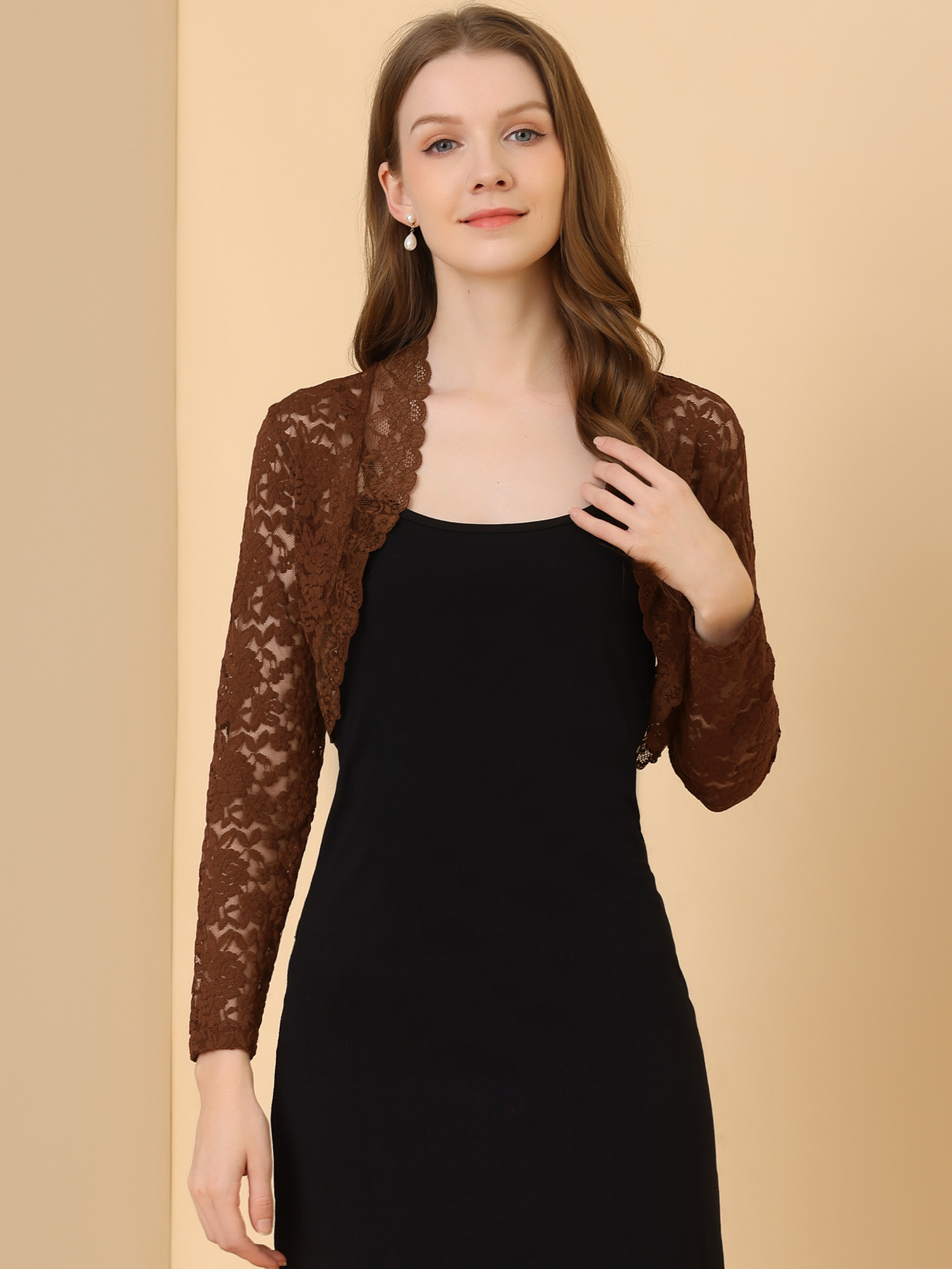 Elegant Sheer Floral Lace Crop Cardigan Bolero Shrug Brown/L